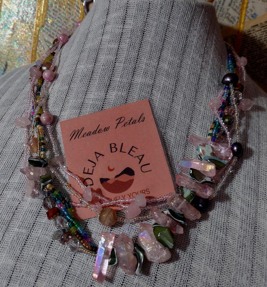 Layered Fashion Statment Necklace. Shell, Gemstone, and Glass Beaded Green and Pink Hand Strung Artistic Accent. Unique, Adjustable.