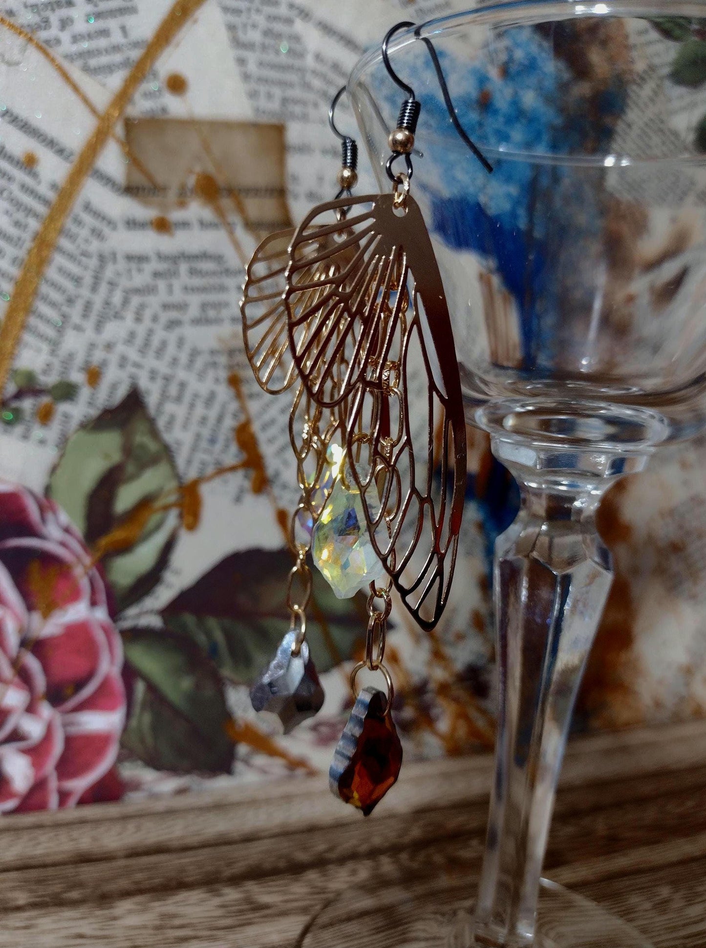 Filigree Butterfly Wing Bright Dangle Crystal Earrings.