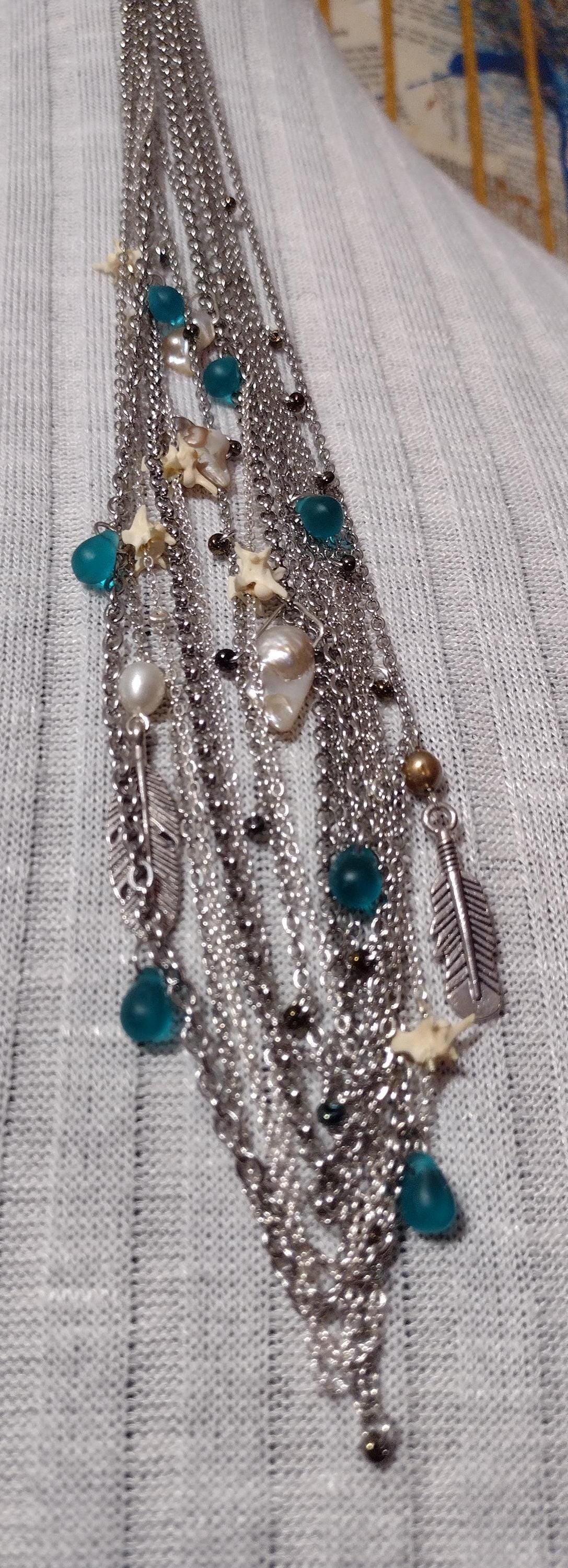 Native Southwest Stainless Steele Chain Necklace. Rattlesnake vertebrae, pearls, glass, and feathers. New Mexico Crafted. 1of1 Unique.
