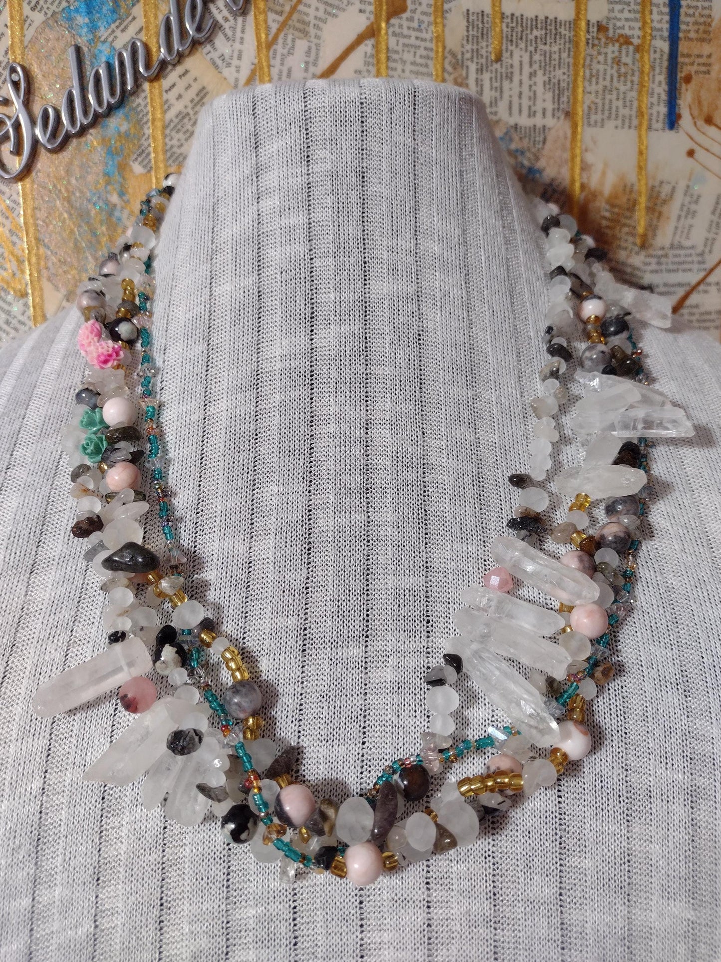 Southwest Inspired Long Beaded Necklace. Unique New Mexican Crafted Snowy Desert Vista in Natural Elements of Glass and Gemstones. Sterling.