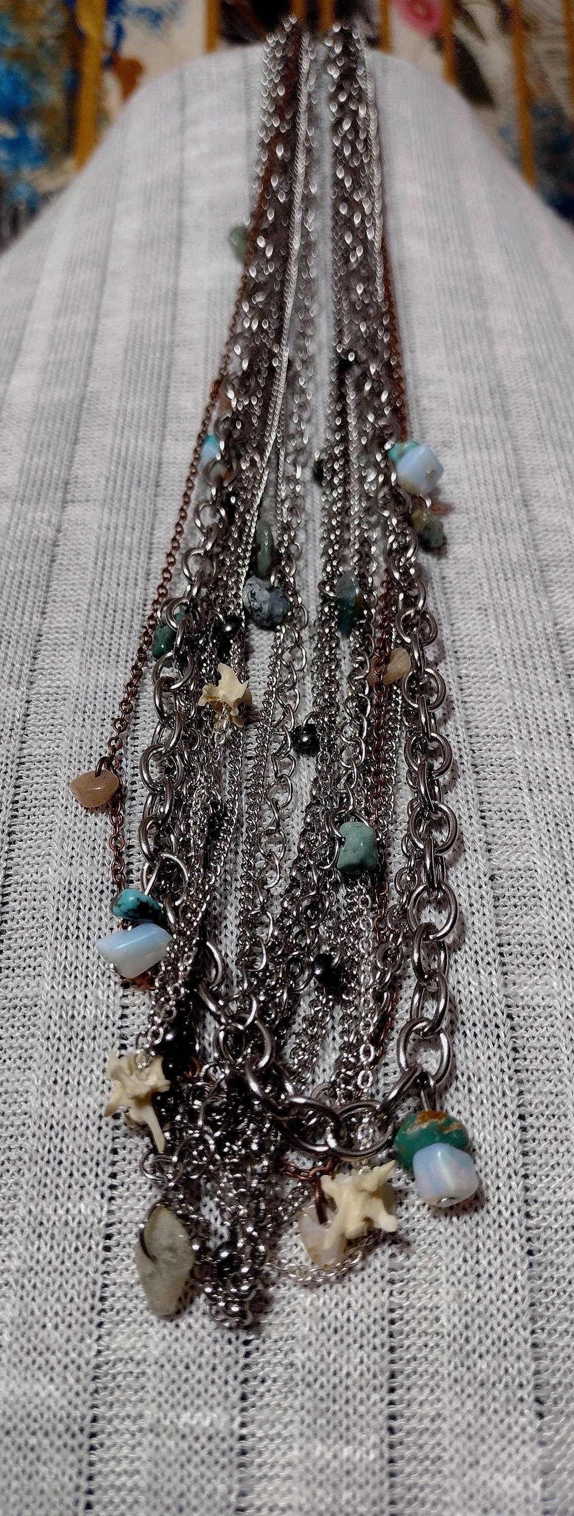 Southwest Rodeo Fashion. Turquoise, Moonstone, Agate, Stainless Steele Multi Chain Adjustable Necklace. Hand Crafted, Guaranteed Unique.