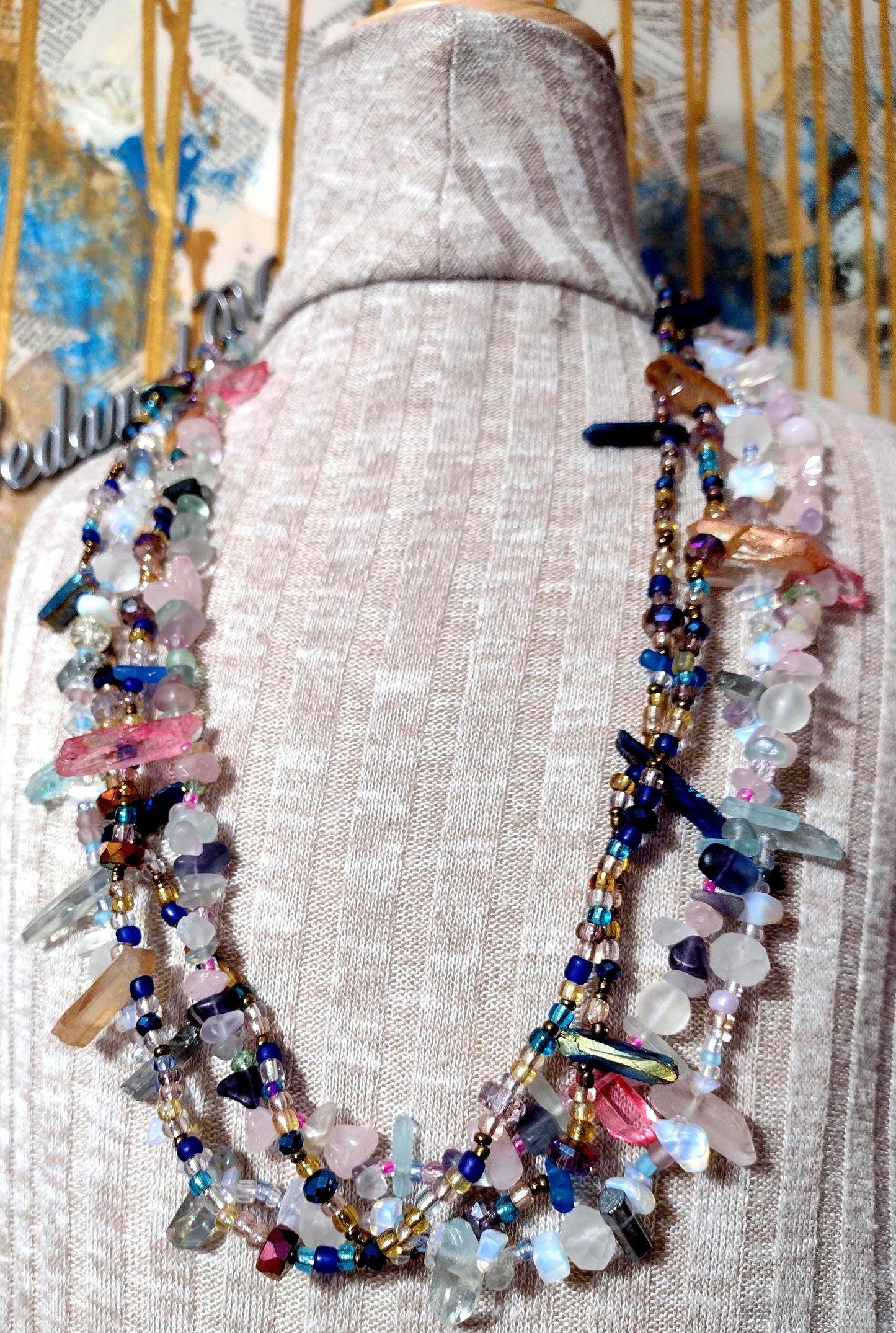 Southwest Inspired Long Beaded Necklace. A Refection of the Desert Summer in Natural Elements of Glass and Gemstones. Hand Strung Sterling.