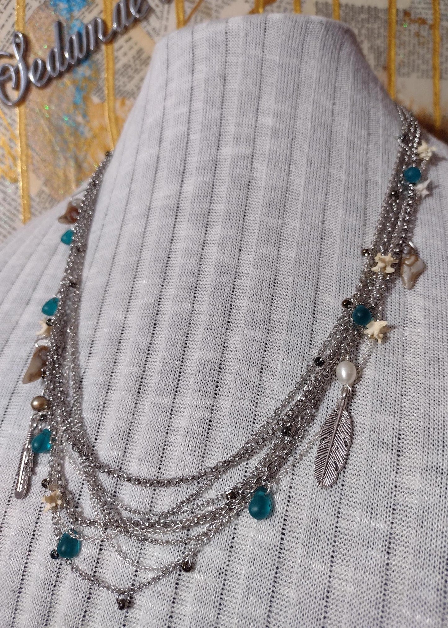 Native Southwest Stainless Steele Chain Necklace. Rattlesnake vertebrae, pearls, glass, and feathers. New Mexico Crafted. 1of1 Unique.