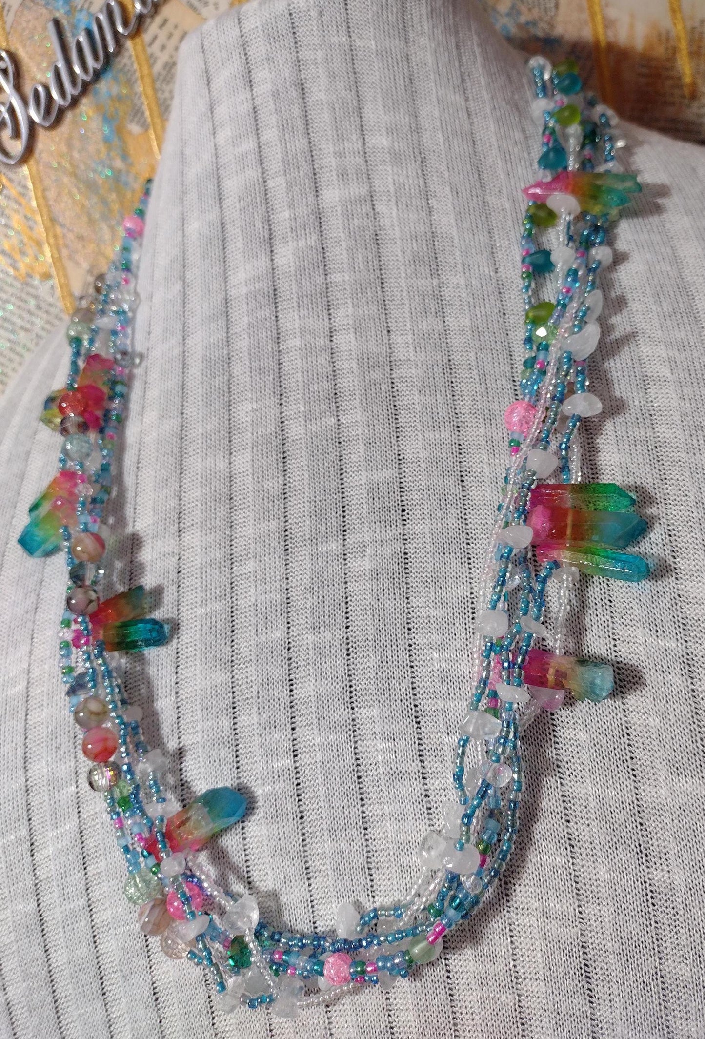 Southwest Inspired Colorful Long Necklace. Rainbow Reflections Natural Elements. Glass Beads, Gemstones, & Crystals. Hand Strung, Sterling.
