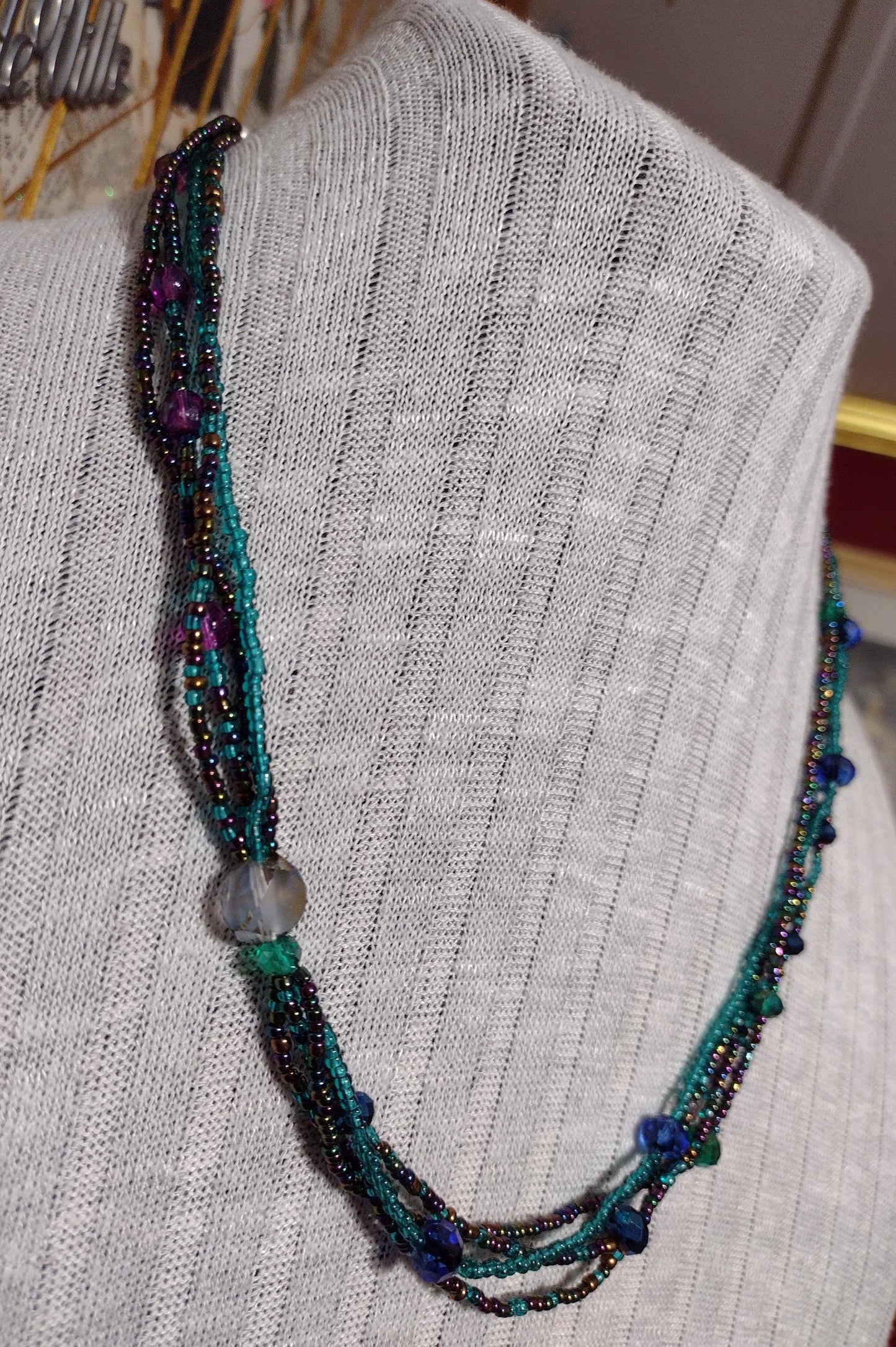 Retro Layered Peacock Rainbow Seed Bead Necklace.