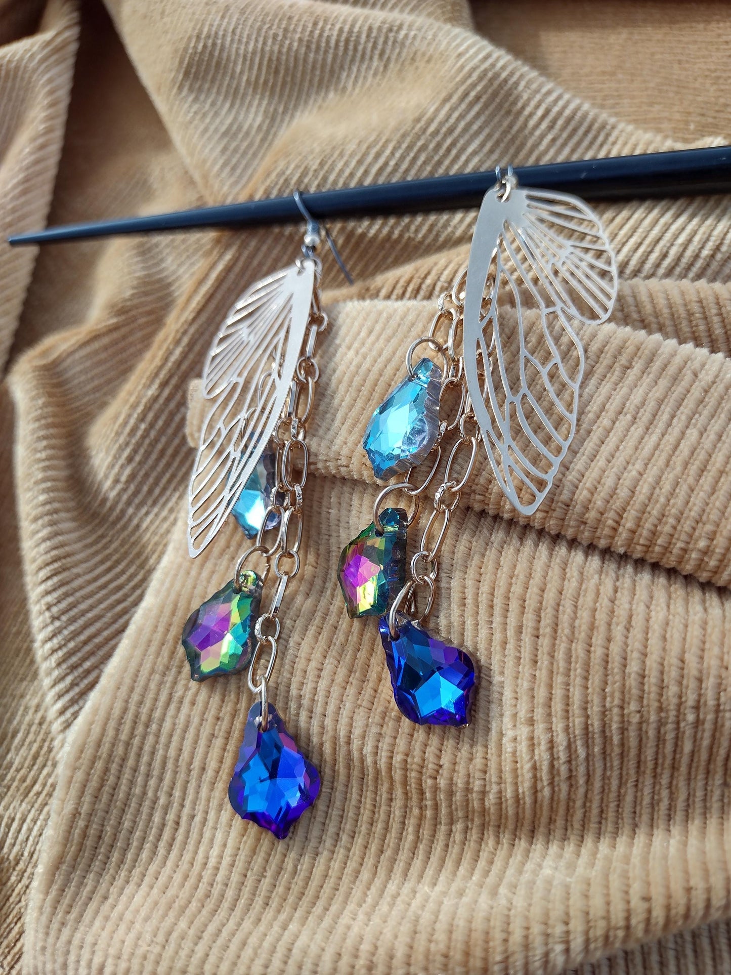 Gold Filigree Butterfly Wing Earrings with Blue Iridescent Glass Drops