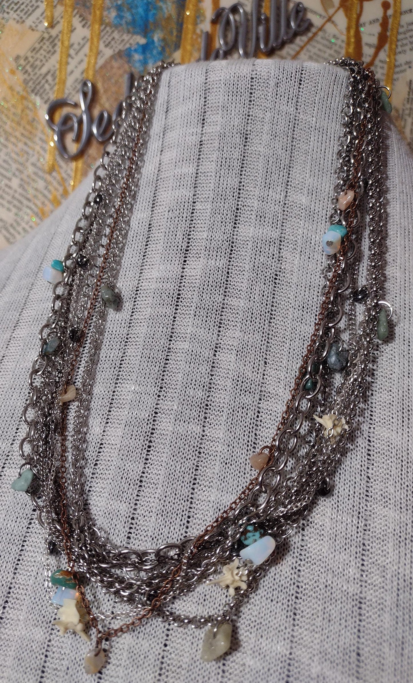 Southwest Rodeo Fashion. Turquoise, Moonstone, Agate, Stainless Steele Multi Chain Adjustable Necklace. Hand Crafted, Guaranteed Unique.