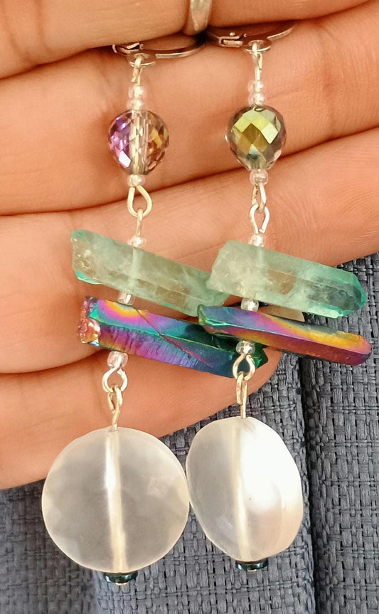 Frosted Glass blue crystal hanging earrings. Hypoallergenic Stainless Steel.
