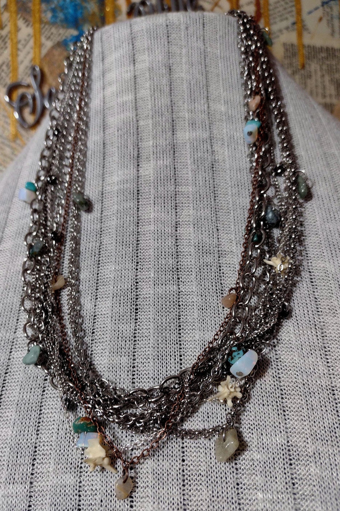 Southwest Rodeo Fashion. Turquoise, Moonstone, Agate, Stainless Steele Multi Chain Adjustable Necklace. Hand Crafted, Guaranteed Unique.