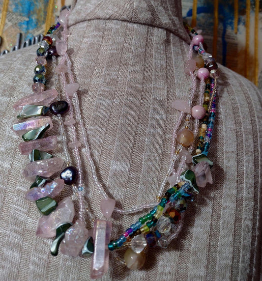 Layered Fashion Statment Necklace. Shell, Gemstone, and Glass Beaded Green and Pink Hand Strung Artistic Accent. Unique, Adjustable.