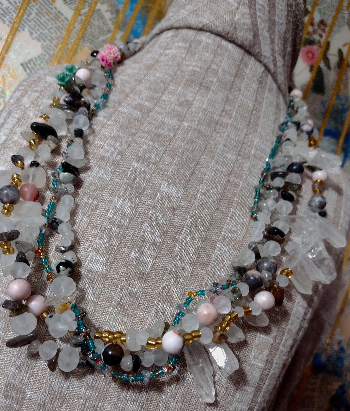 Southwest Inspired Long Beaded Necklace. Unique New Mexican Crafted Snowy Desert Vista in Natural Elements of Glass and Gemstones. Sterling.