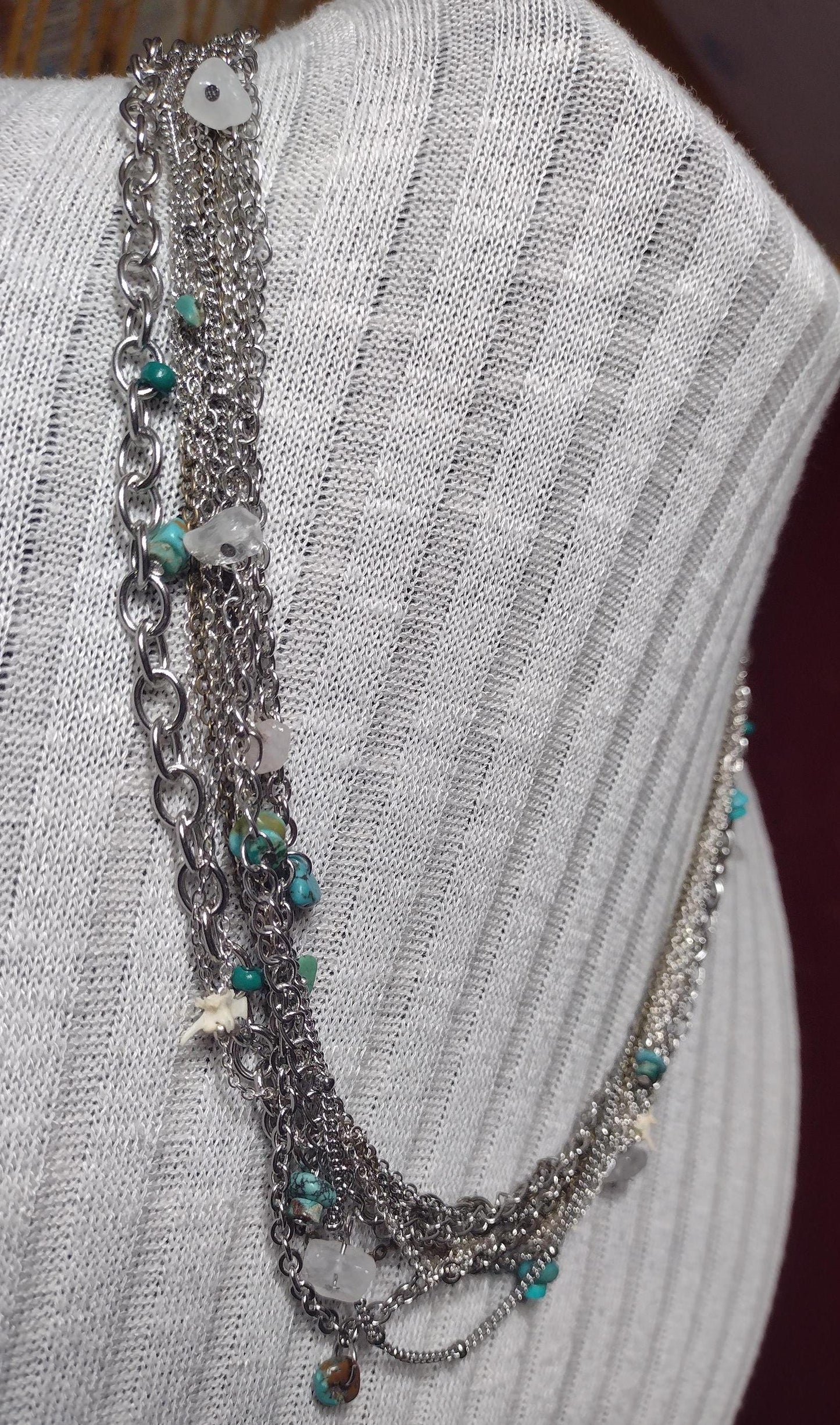 Native Southwest Stainless Steele Multi Chain Necklace. Diamond Back Rattlesnake Vertebrae, Turquoise & Stone. New Mexican Crafted. Unique.