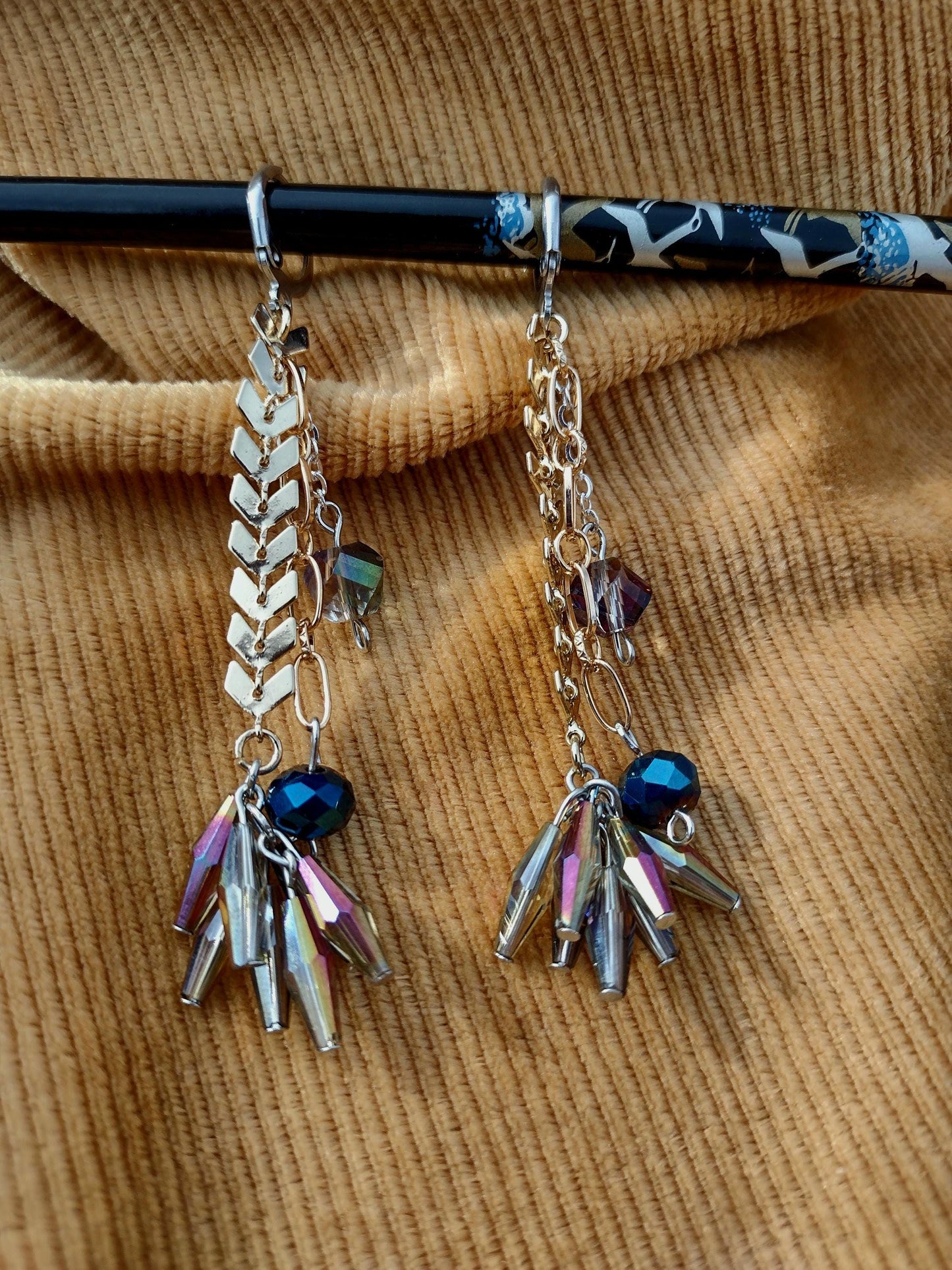 Art Deco, Roaring 20s, Flapper Style Long Dangle Earings. Blue and Gold Starburst. Hypoallergenic
