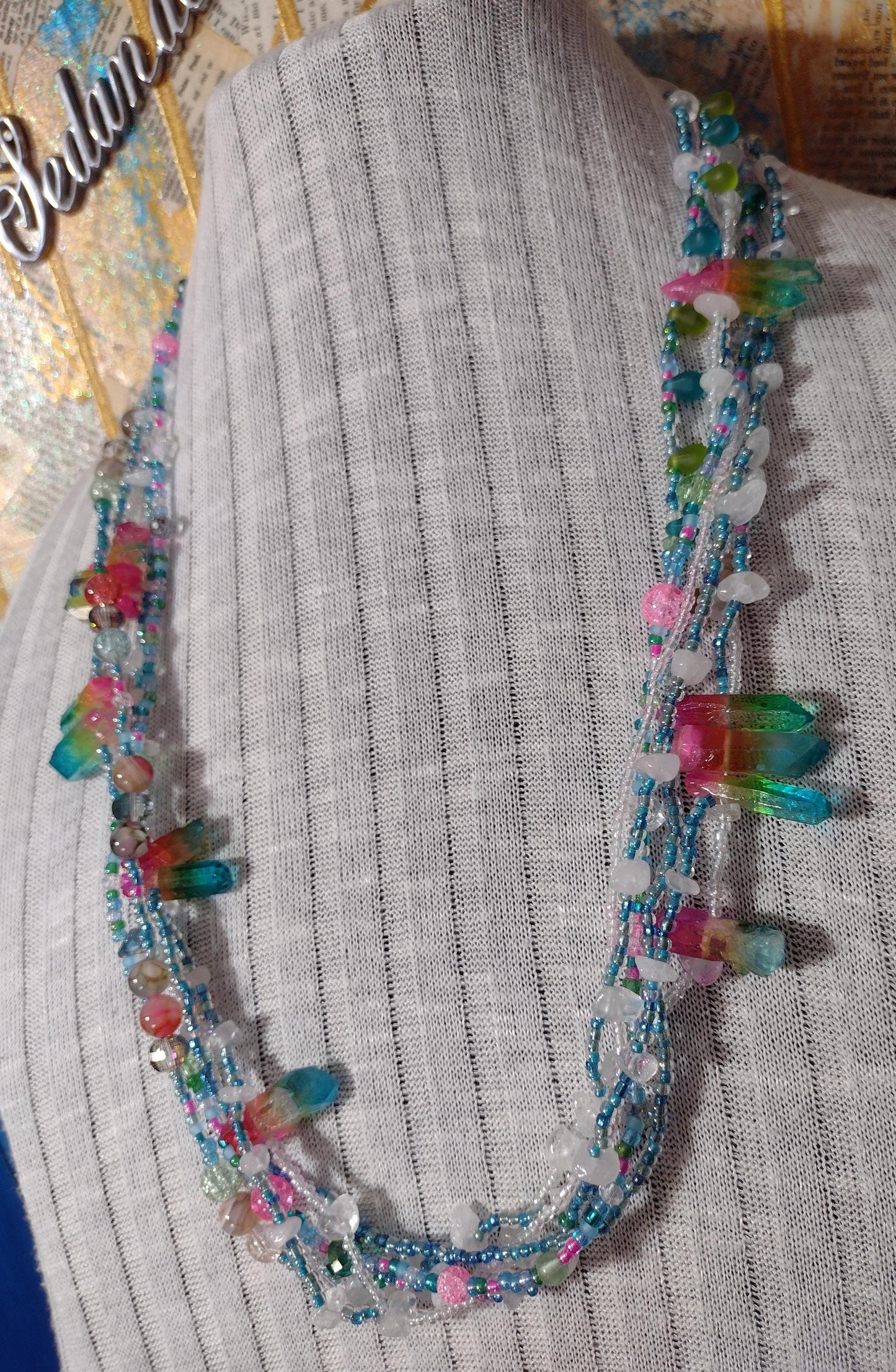 Southwest Inspired Colorful Long Necklace. Rainbow Reflections Natural Elements. Glass Beads, Gemstones, & Crystals. Hand Strung, Sterling.