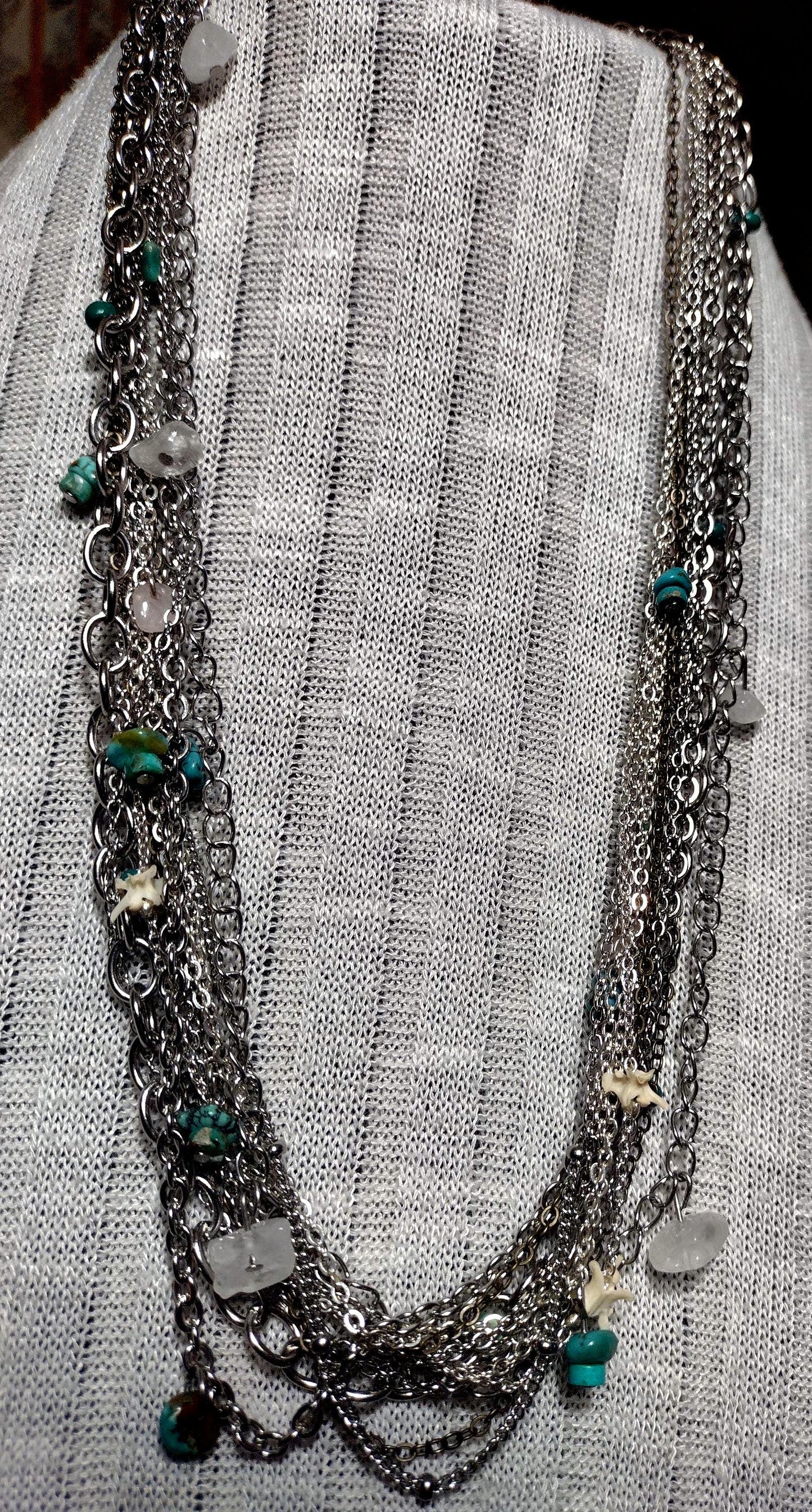 Native Southwest Stainless Steele Multi Chain Necklace. Diamond Back Rattlesnake Vertebrae, Turquoise & Stone. New Mexican Crafted. Unique.