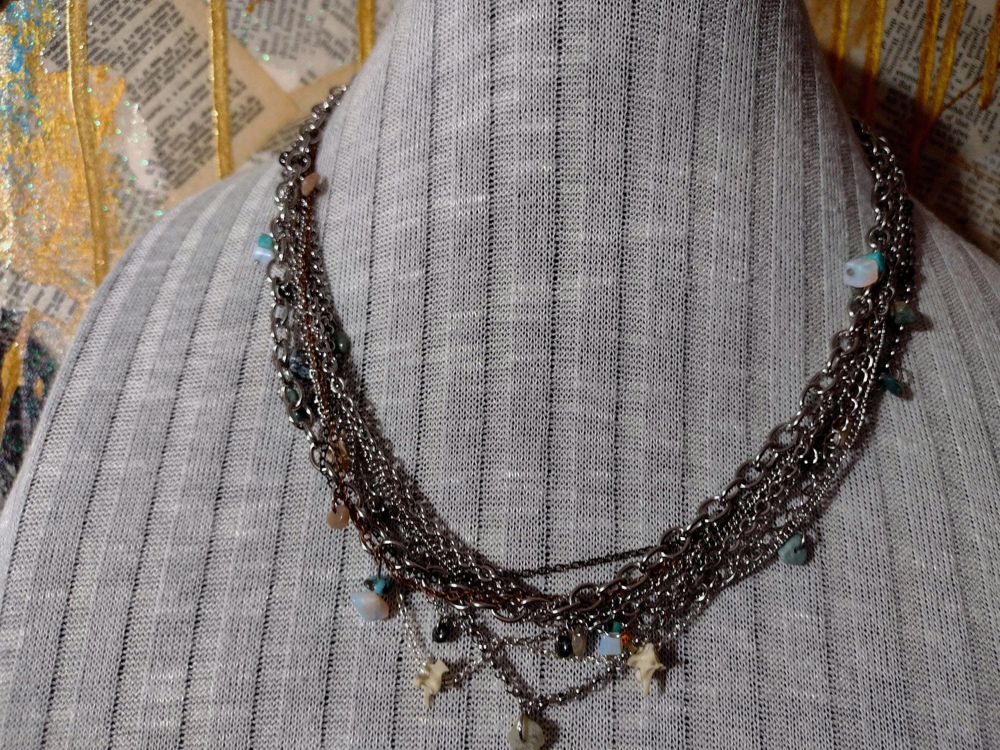 Southwest Rodeo Fashion. Turquoise, Moonstone, Agate, Stainless Steele Multi Chain Adjustable Necklace. Hand Crafted, Guaranteed Unique.