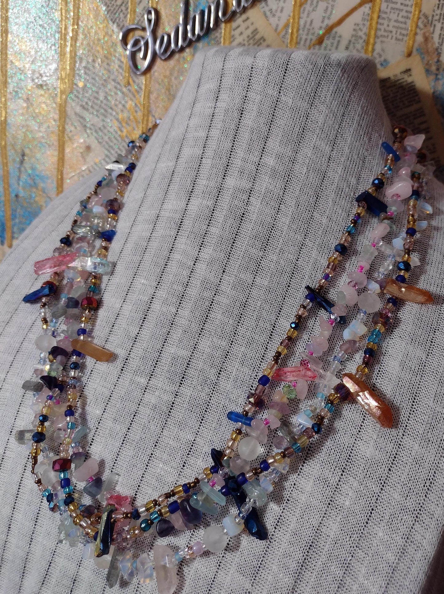 Southwest Inspired Long Beaded Necklace. A Refection of the Desert Summer in Natural Elements of Glass and Gemstones. Hand Strung Sterling.