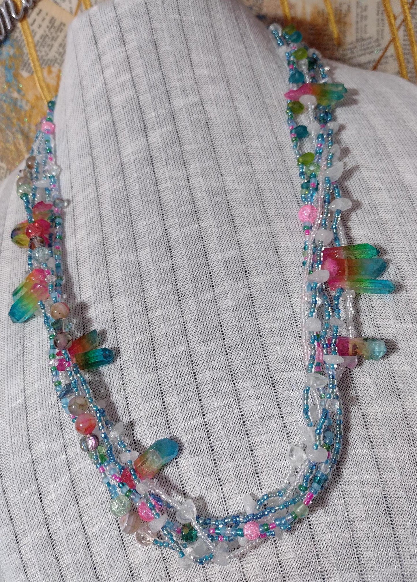 Southwest Inspired Colorful Long Necklace. Rainbow Reflections Natural Elements. Glass Beads, Gemstones, & Crystals. Hand Strung, Sterling.