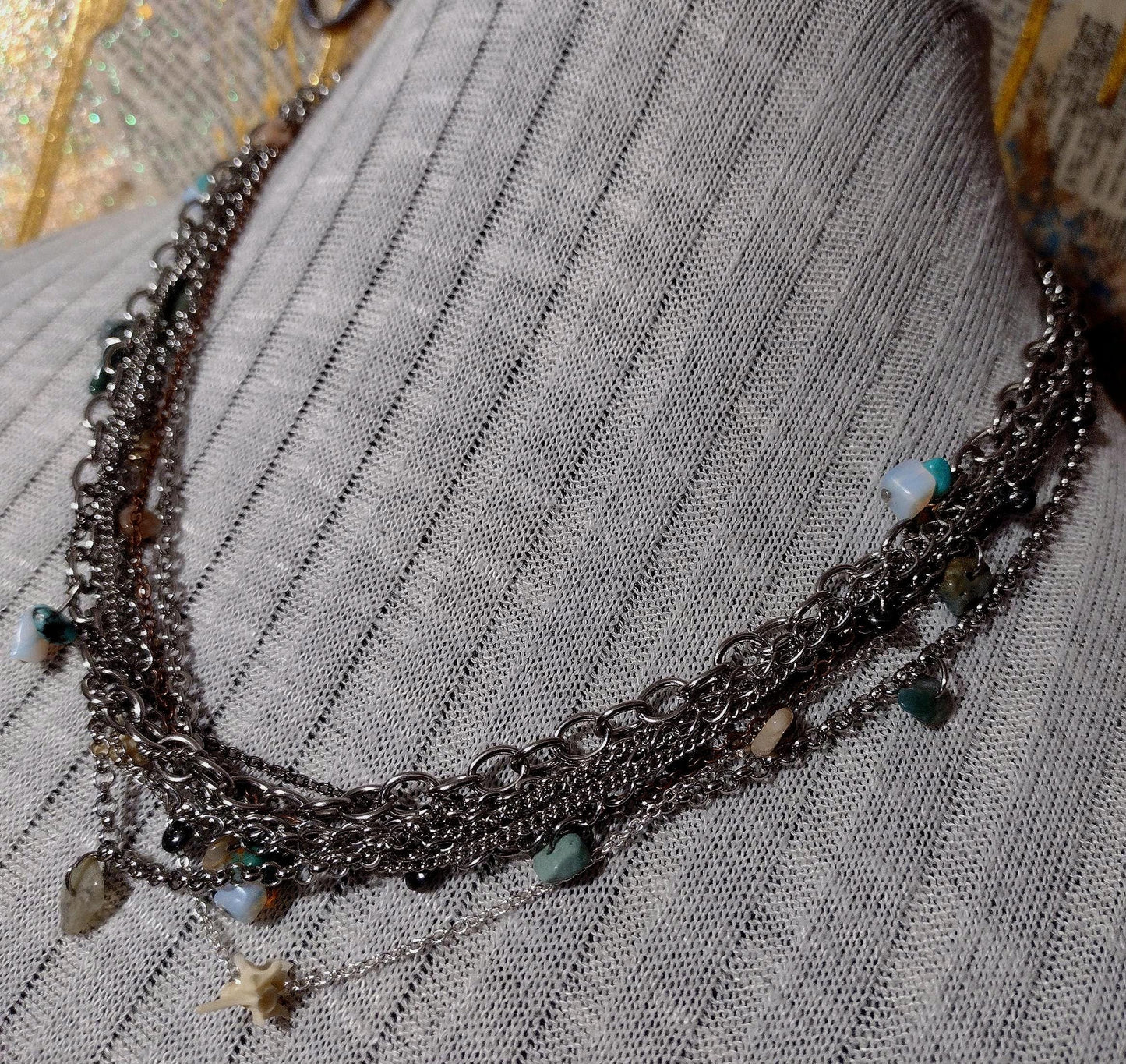 Southwest Rodeo Fashion. Turquoise, Moonstone, Agate, Stainless Steele Multi Chain Adjustable Necklace. Hand Crafted, Guaranteed Unique.