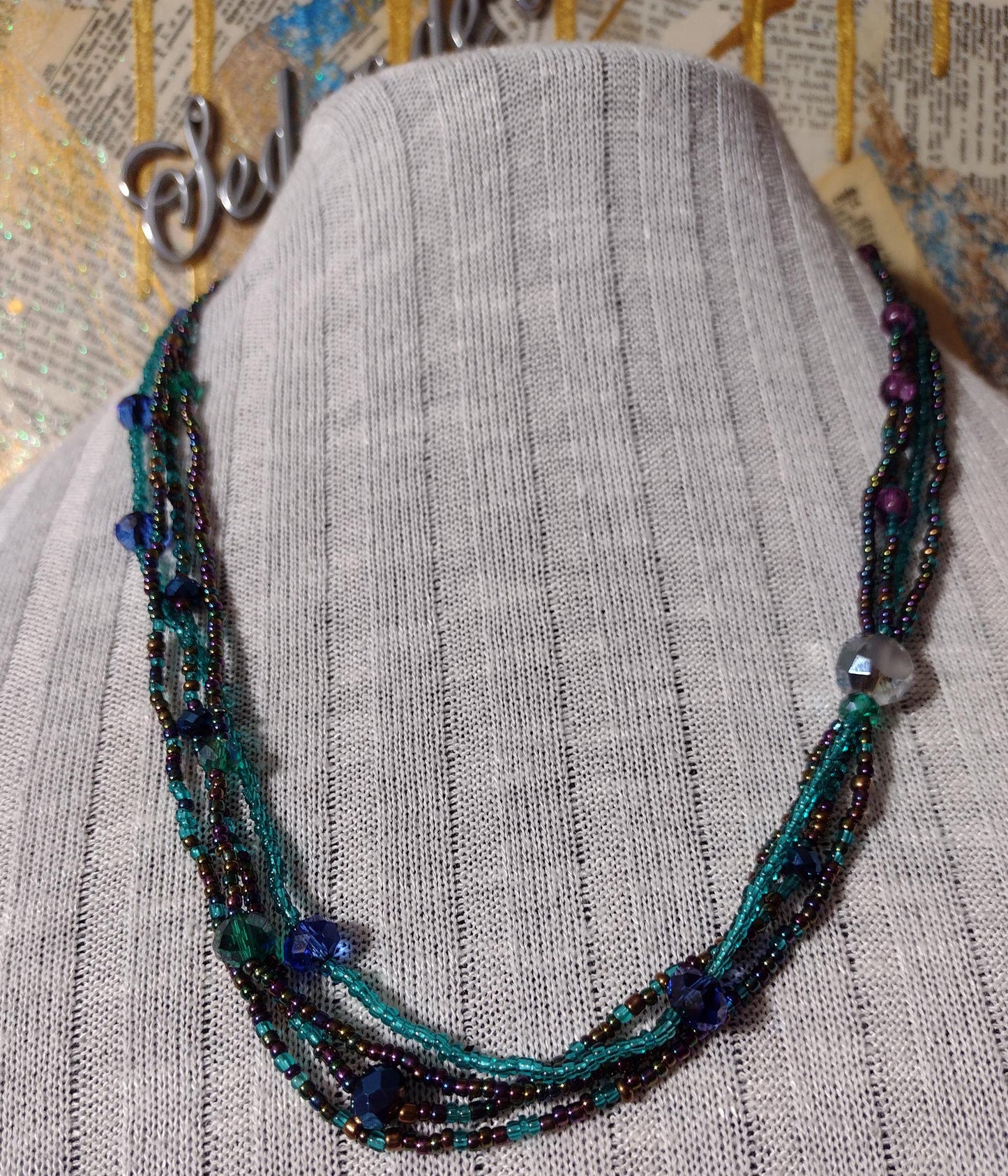 Retro Layered Peacock Rainbow Seed Bead Necklace.