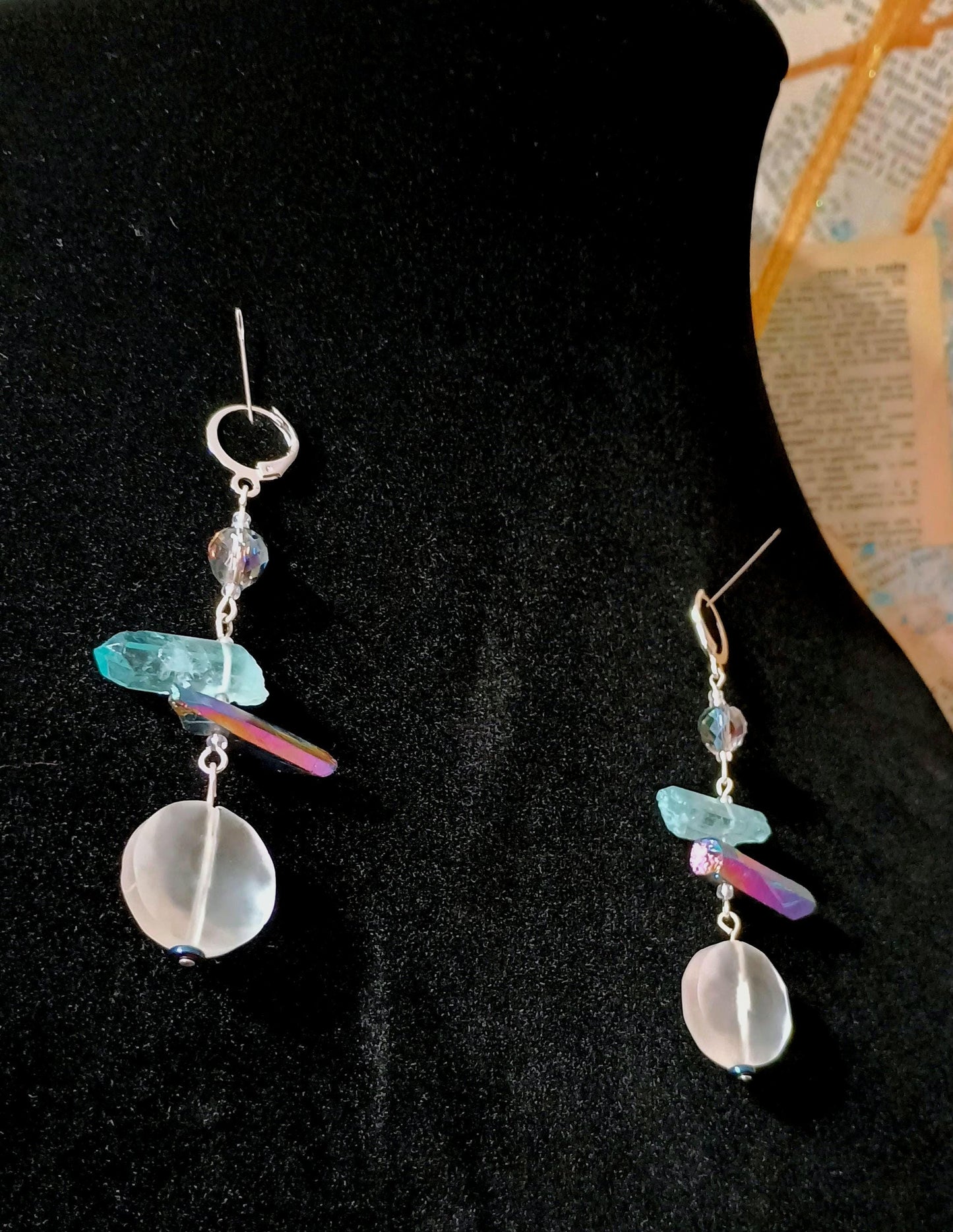 Frosted Glass blue crystal hanging earrings. Hypoallergenic Stainless Steel.