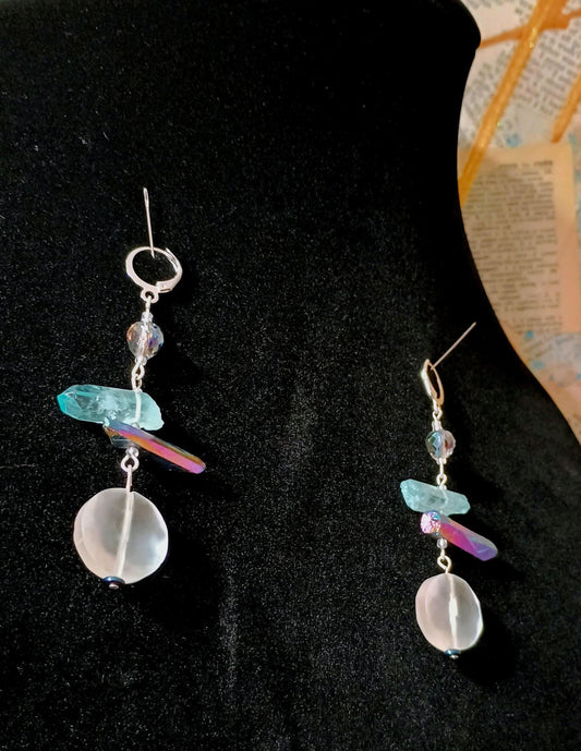 Frosted Glass blue crystal hanging earrings. Hypoallergenic Stainless Steel.