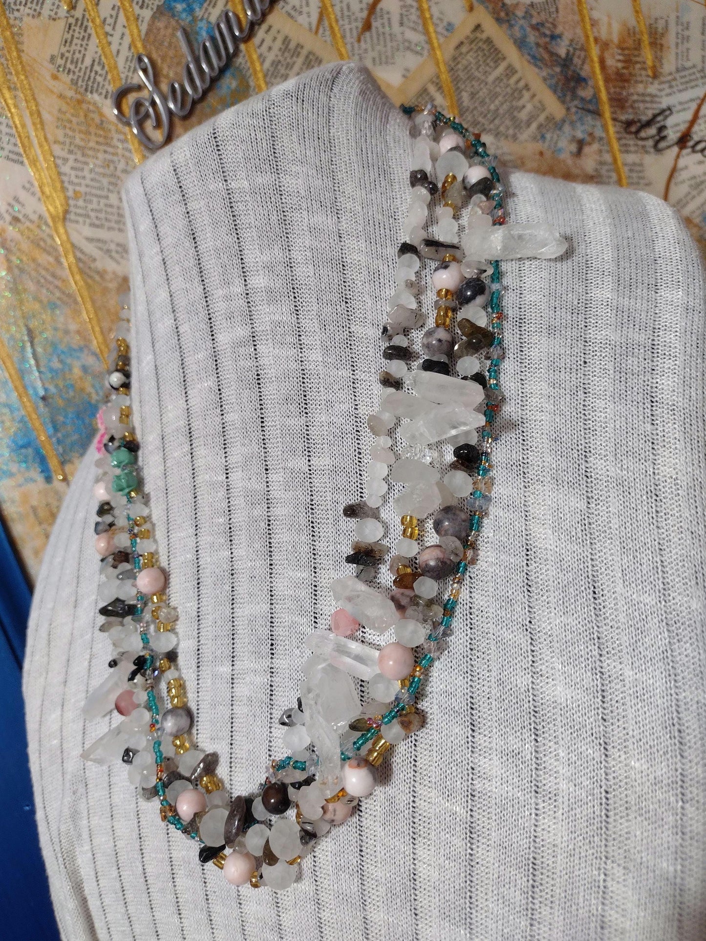 Southwest Inspired Long Beaded Necklace. Unique New Mexican Crafted Snowy Desert Vista in Natural Elements of Glass and Gemstones. Sterling.
