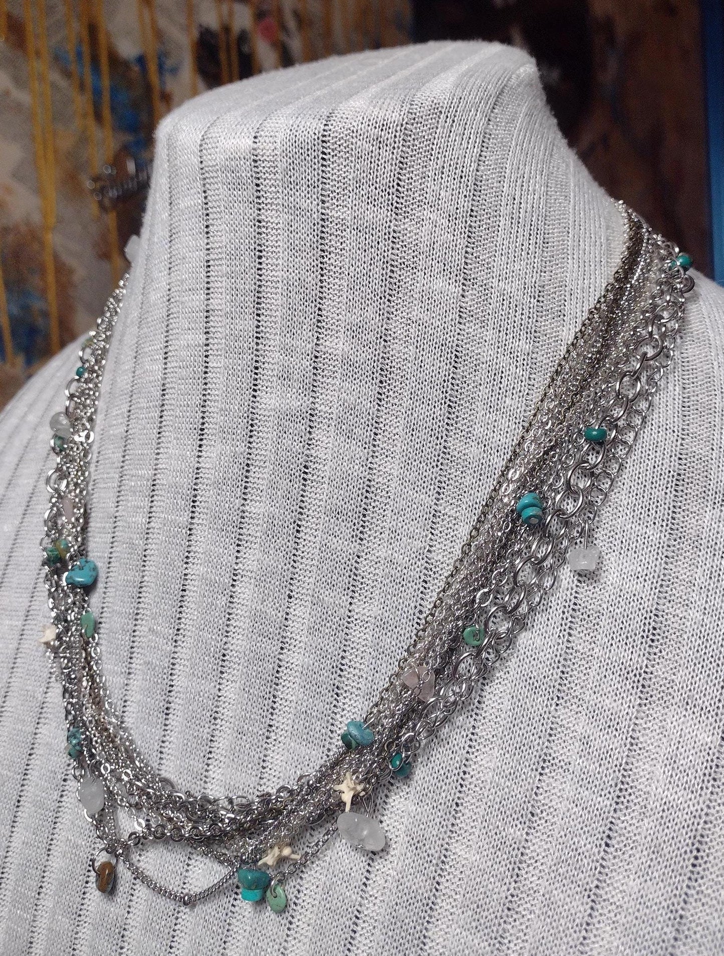 Native Southwest Stainless Steele Multi Chain Necklace. Diamond Back Rattlesnake Vertebrae, Turquoise & Stone. New Mexican Crafted. Unique.