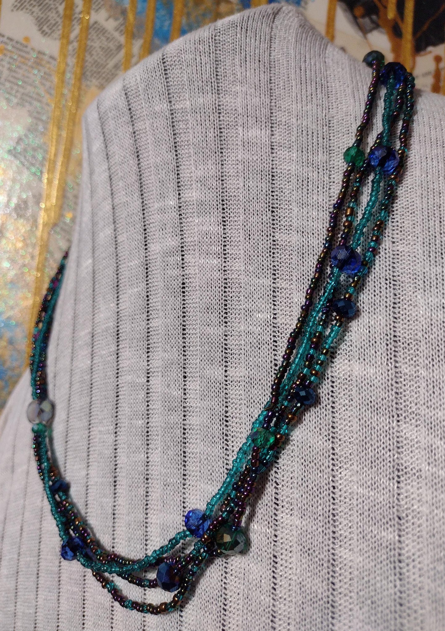 Retro Layered Peacock Rainbow Seed Bead Necklace.