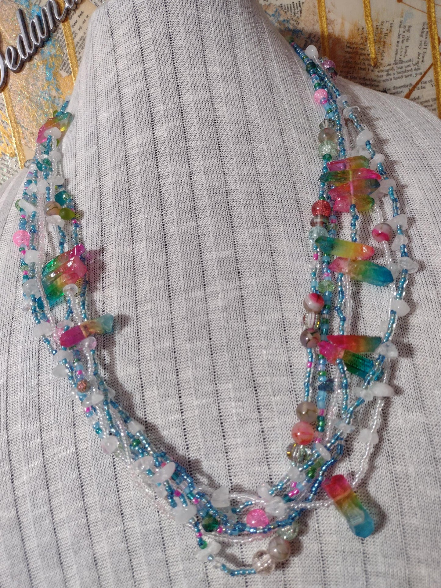 Southwest Inspired Colorful Long Necklace. Rainbow Reflections Natural Elements. Glass Beads, Gemstones, & Crystals. Hand Strung, Sterling.