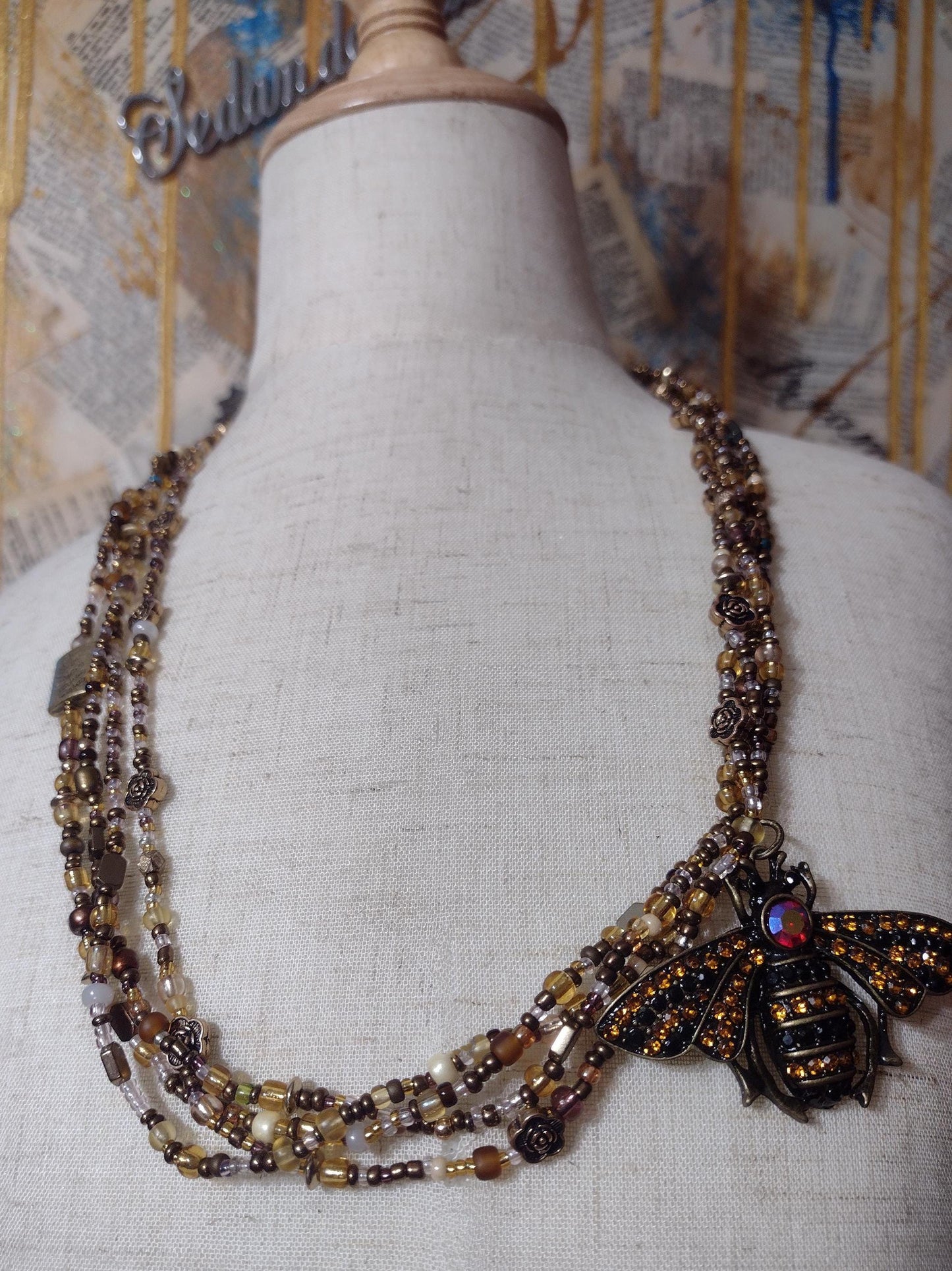 Bumblebee, Rose , Nature , Statment Necklace. Beaded.