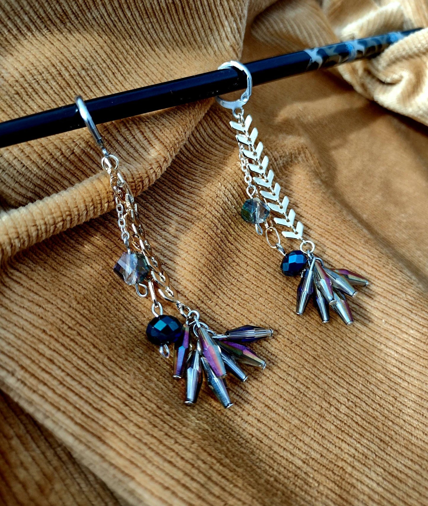 Art Deco, Roaring 20s, Flapper Style Long Dangle Earings. Blue and Gold Starburst. Hypoallergenic