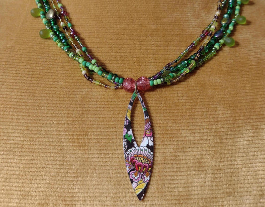 Green to Pink Glass and Metal Chrysanthemum Bloosem Graffiti Art Flower Pendant Necklace.
