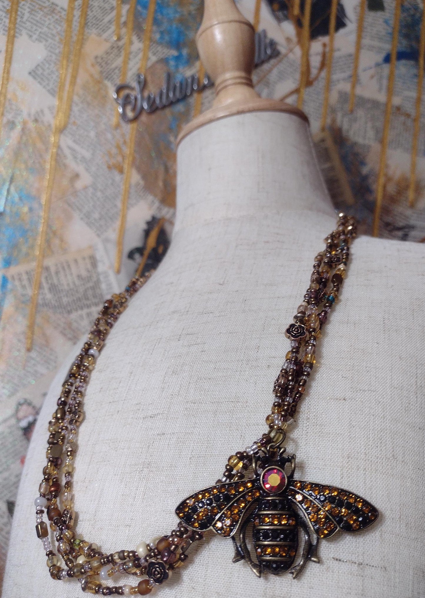 Bumblebee, Rose , Nature , Statment Necklace. Beaded.