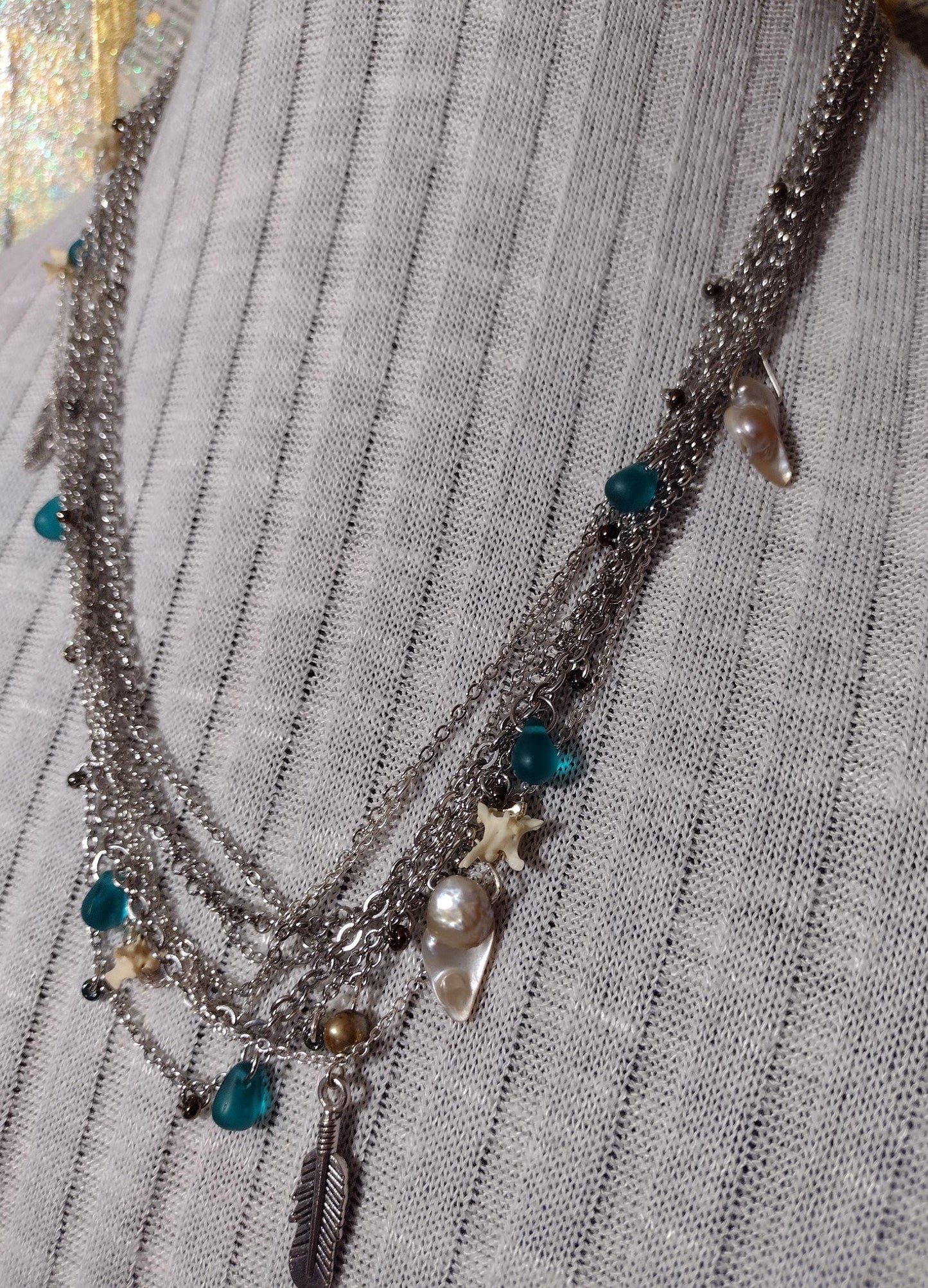 Native Southwest Stainless Steele Chain Necklace. Rattlesnake vertebrae, pearls, glass, and feathers. New Mexico Crafted. 1of1 Unique.