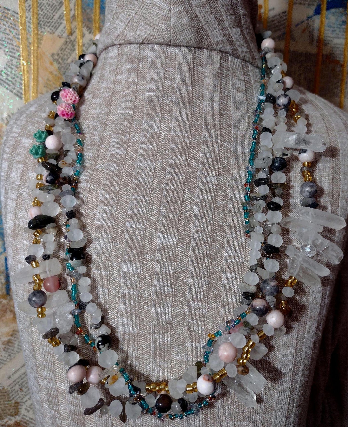 Southwest Inspired Long Beaded Necklace. Unique New Mexican Crafted Snowy Desert Vista in Natural Elements of Glass and Gemstones. Sterling.