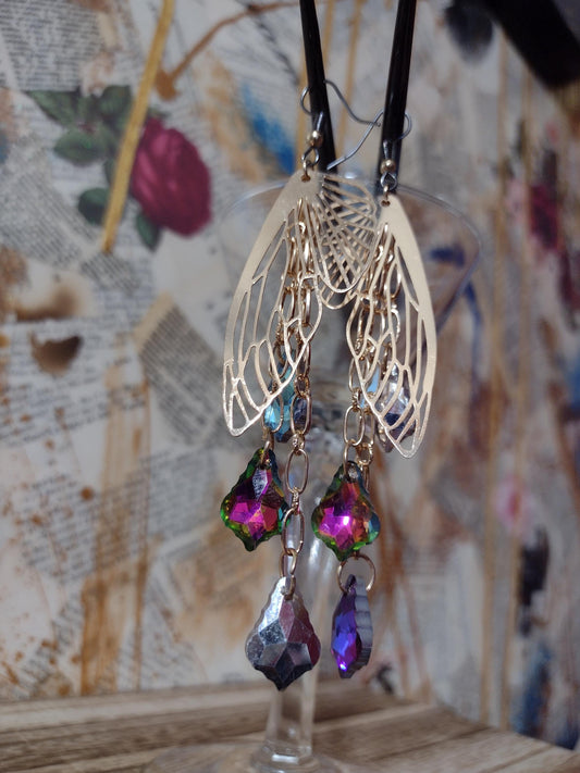 Gold Filigree Butterfly Wing Earrings with Blue Iridescent Glass Drops