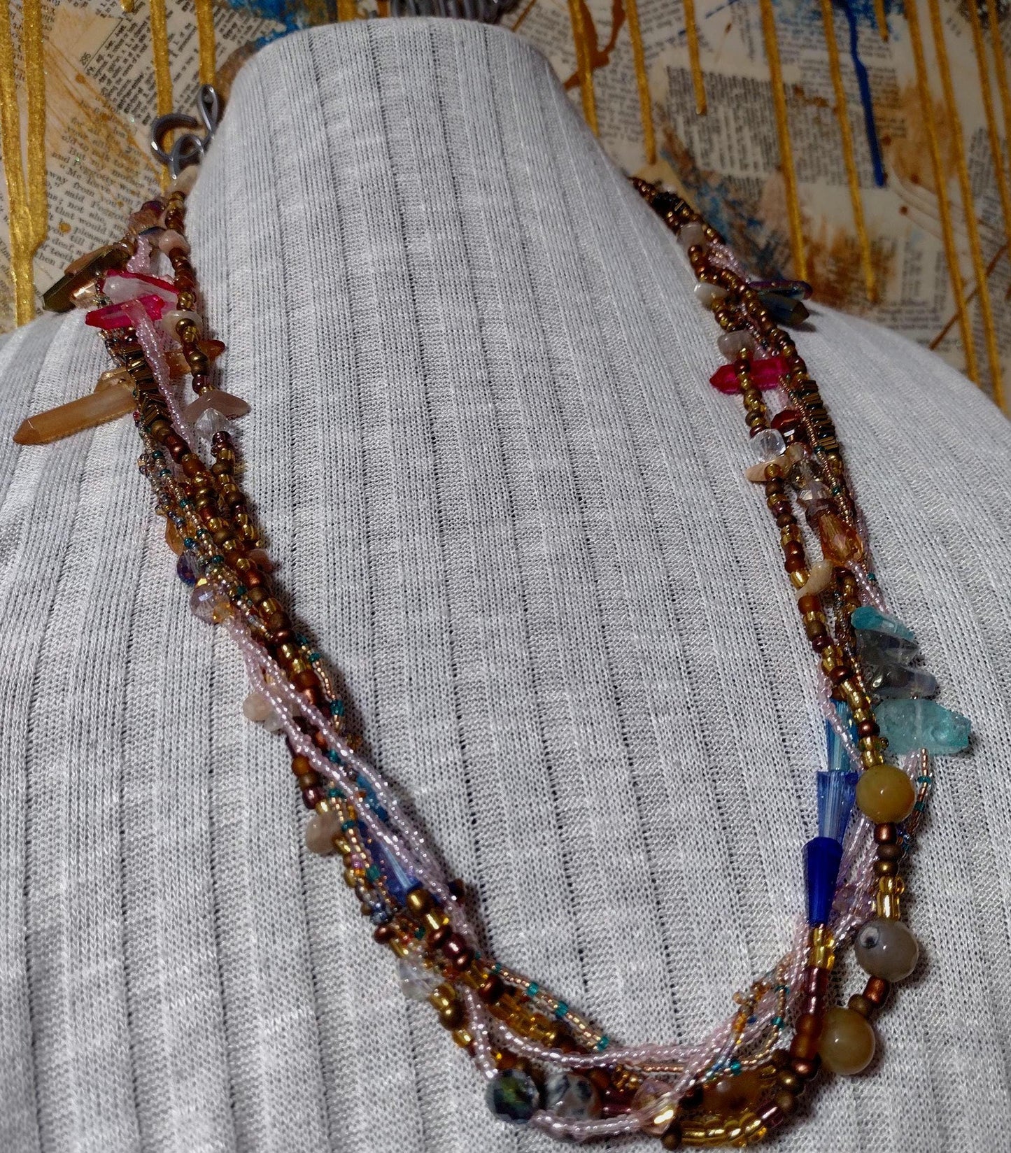 Southwest Inspired Long Beaded Necklace. Unique one-of-a-kind. A Desert Sun Rise Made of Natural Elements in Glass and Gemstones. Sterling.