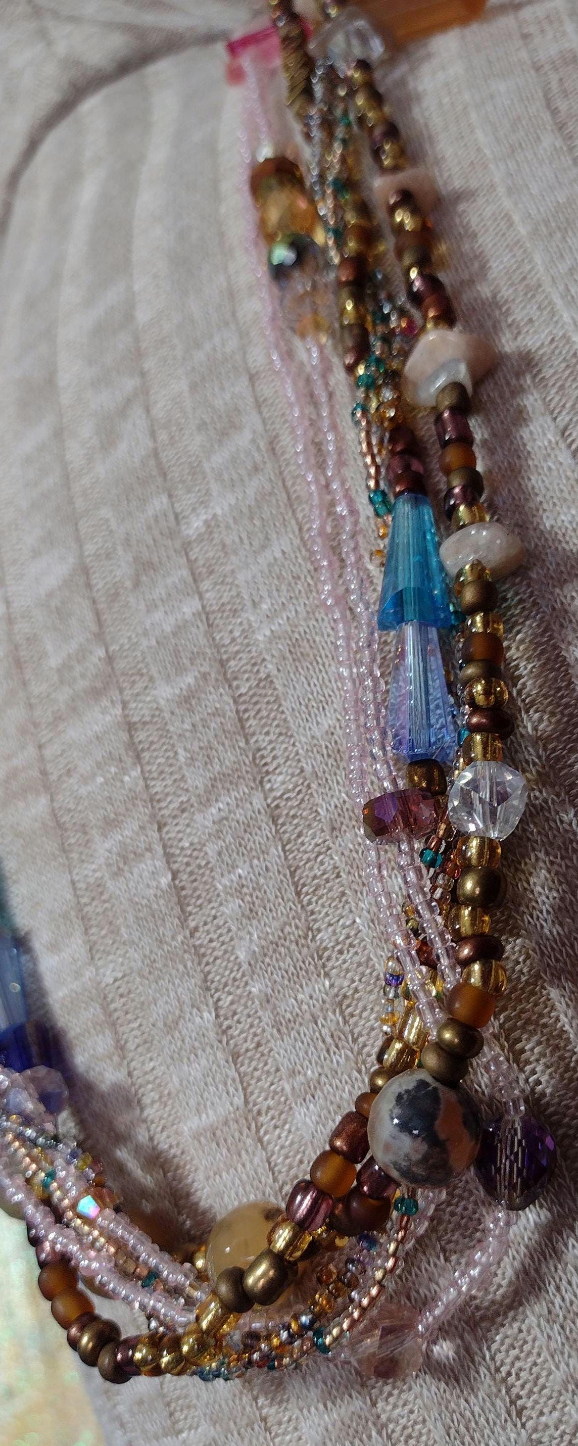 Southwest Inspired Long Beaded Necklace. Unique one-of-a-kind. A Desert Sun Rise Made of Natural Elements in Glass and Gemstones. Sterling.