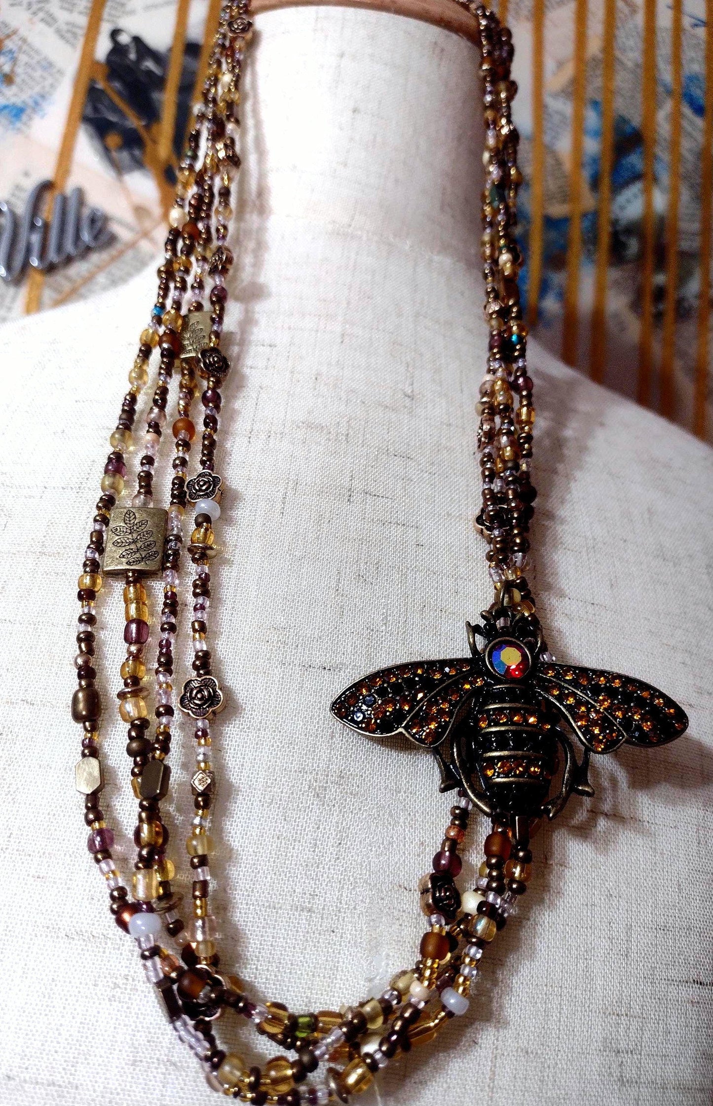 Bumblebee, Rose , Nature , Statment Necklace. Beaded.