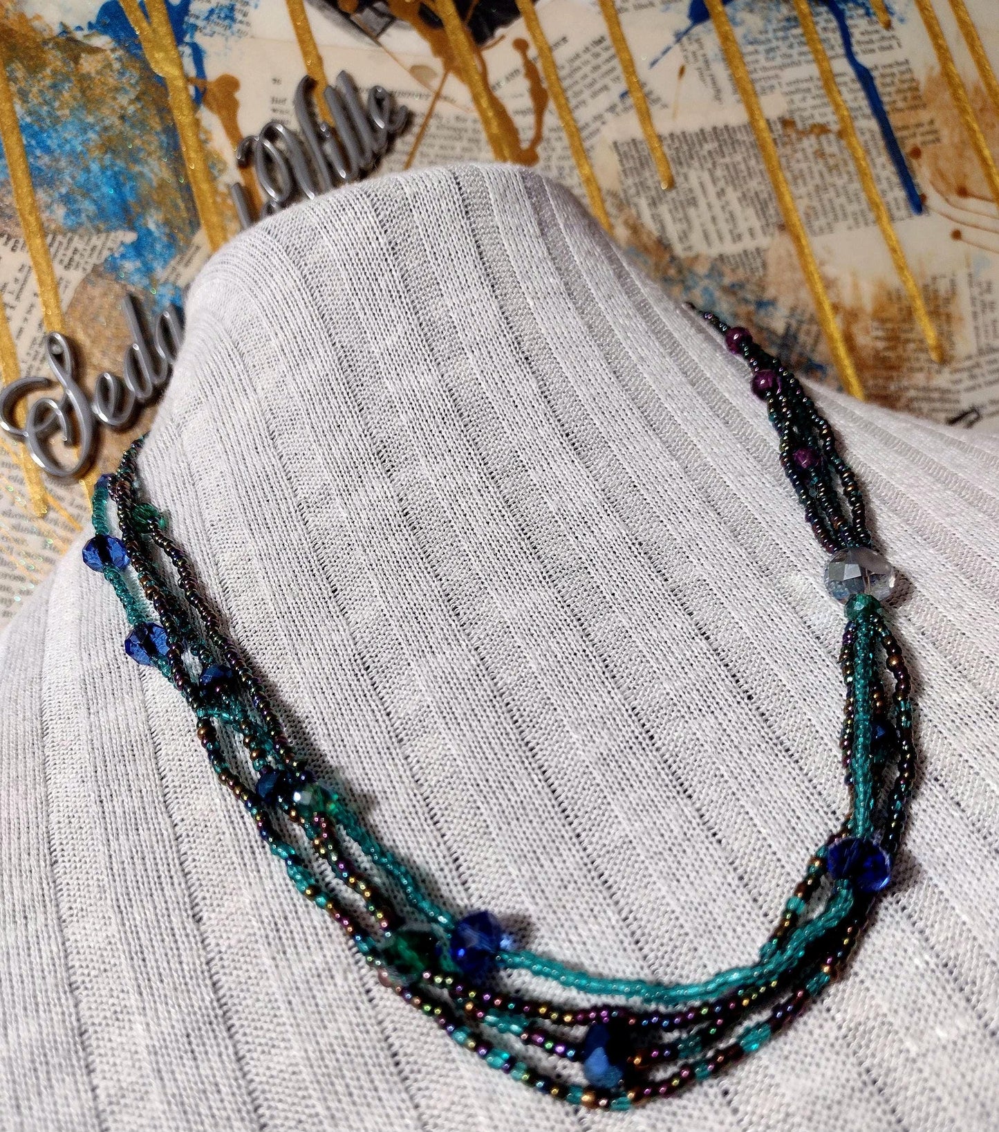 Retro Layered Peacock Rainbow Seed Bead Necklace.