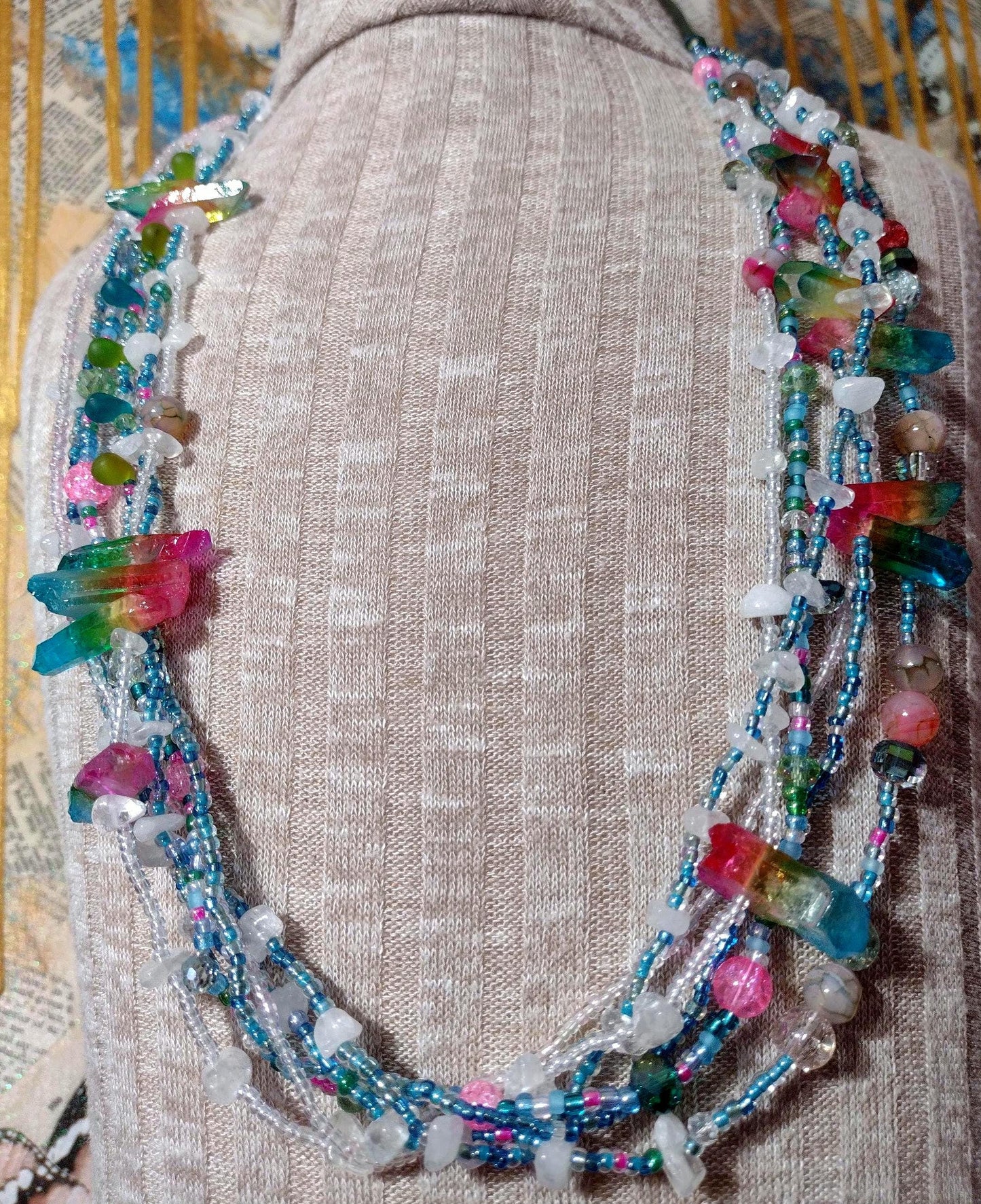 Southwest Inspired Colorful Long Necklace. Rainbow Reflections Natural Elements. Glass Beads, Gemstones, & Crystals. Hand Strung, Sterling.