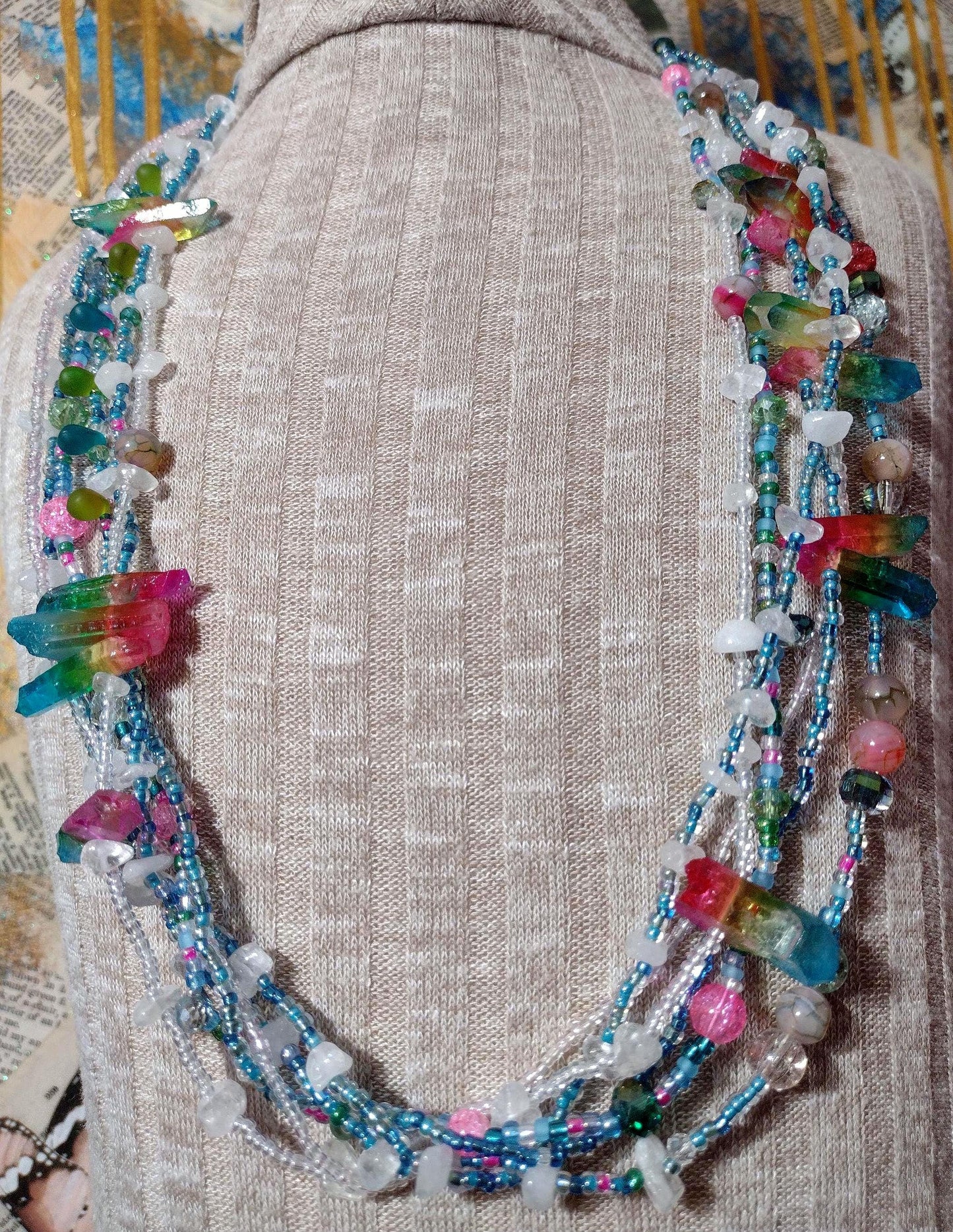 Southwest Inspired Colorful Long Necklace. Rainbow Reflections Natural Elements. Glass Beads, Gemstones, & Crystals. Hand Strung, Sterling.