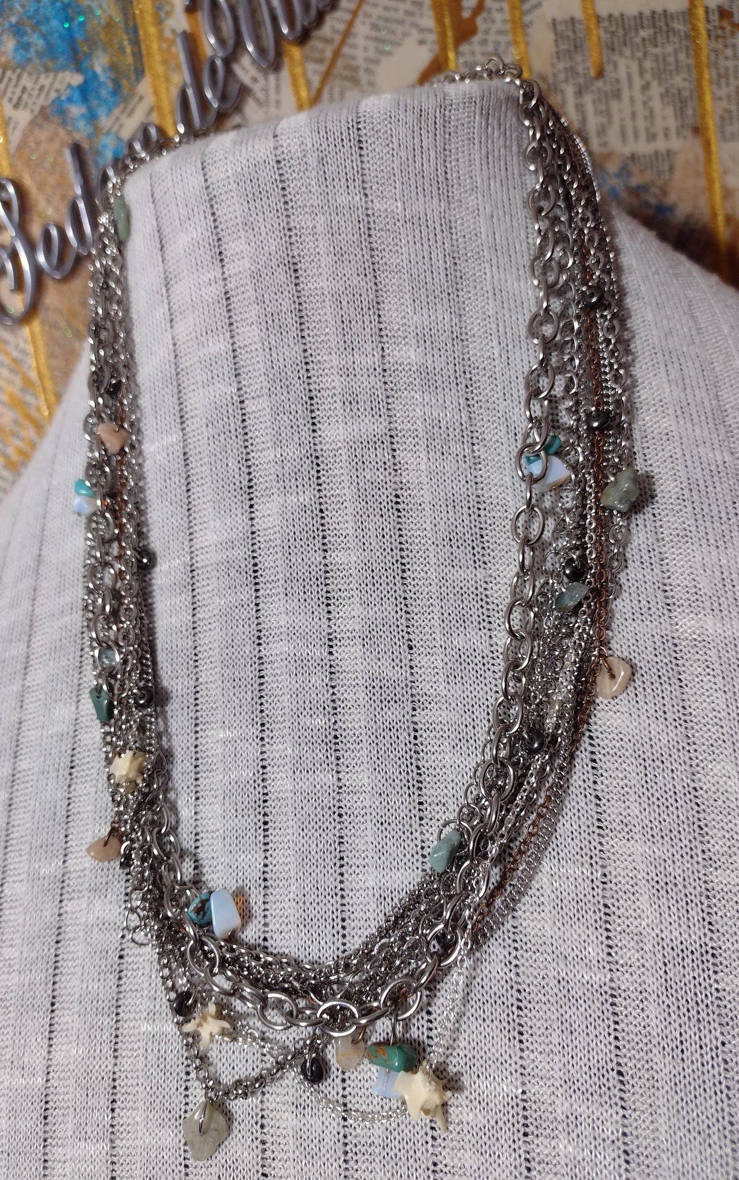 Southwest Rodeo Fashion. Turquoise, Moonstone, Agate, Stainless Steele Multi Chain Adjustable Necklace. Hand Crafted, Guaranteed Unique.