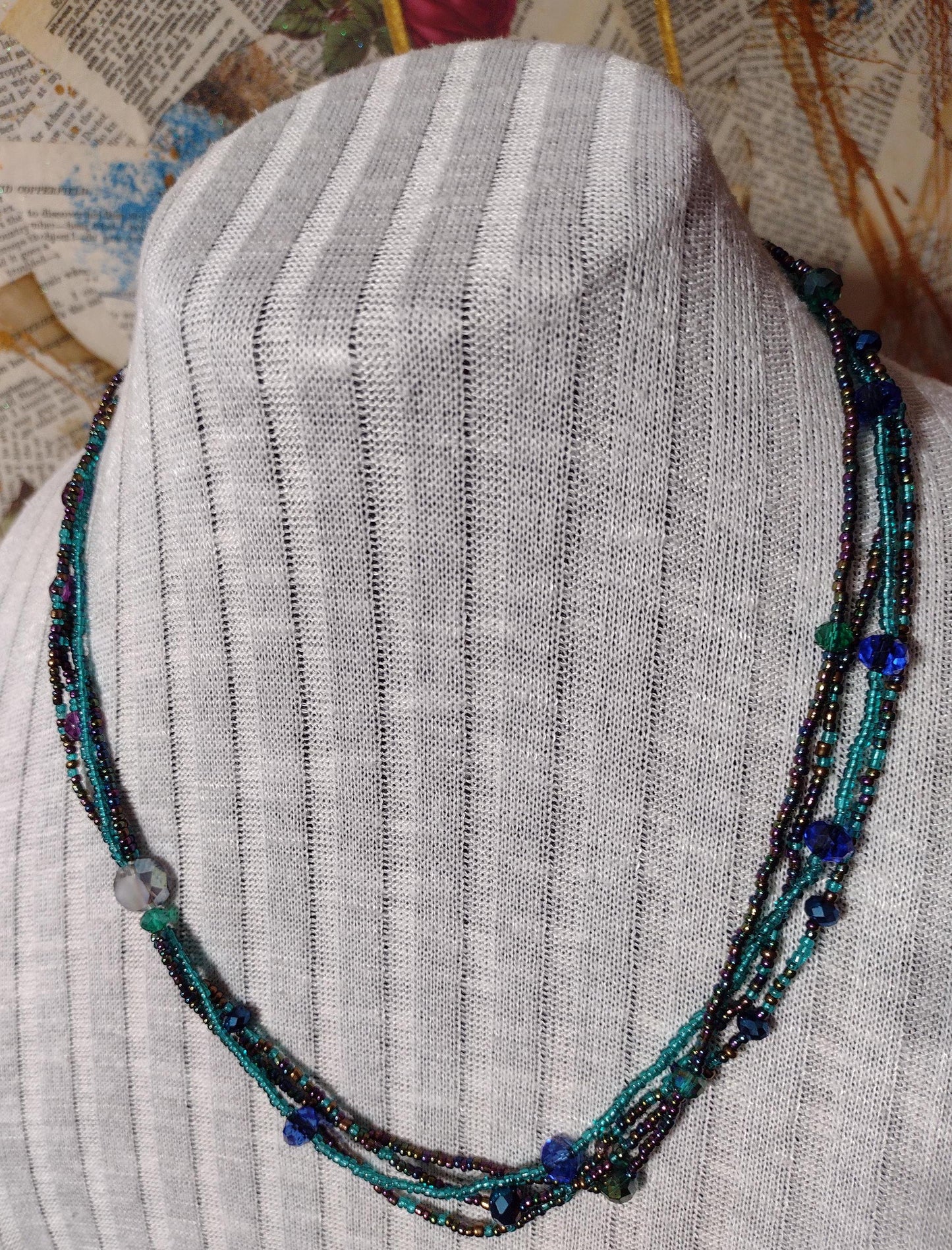 Retro Layered Peacock Rainbow Seed Bead Necklace.