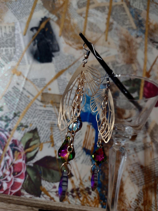 Gold Filigree Butterfly Wing Earrings with Blue Iridescent Glass Drops