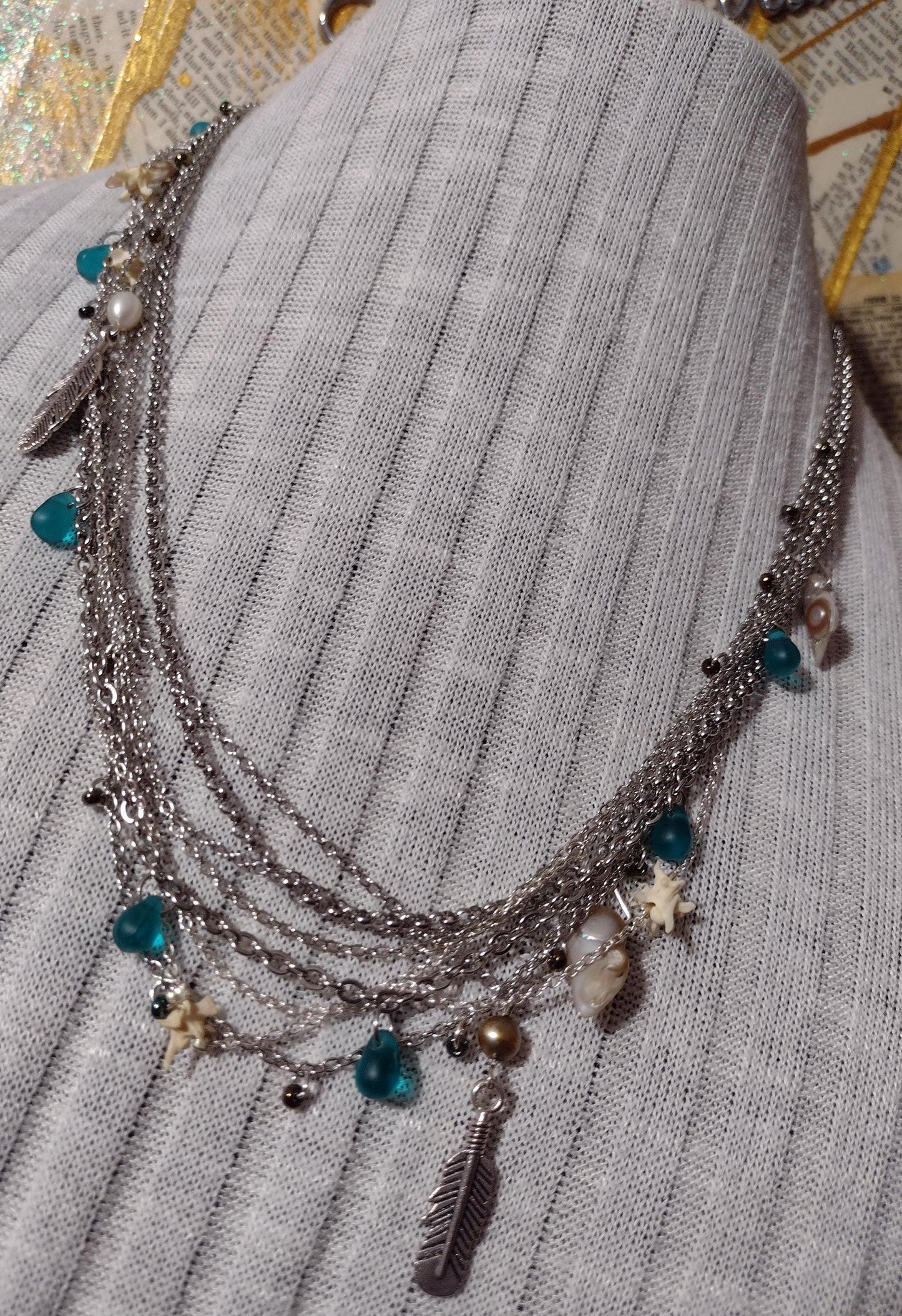 Native Southwest Stainless Steele Chain Necklace. Rattlesnake vertebrae, pearls, glass, and feathers. New Mexico Crafted. 1of1 Unique.