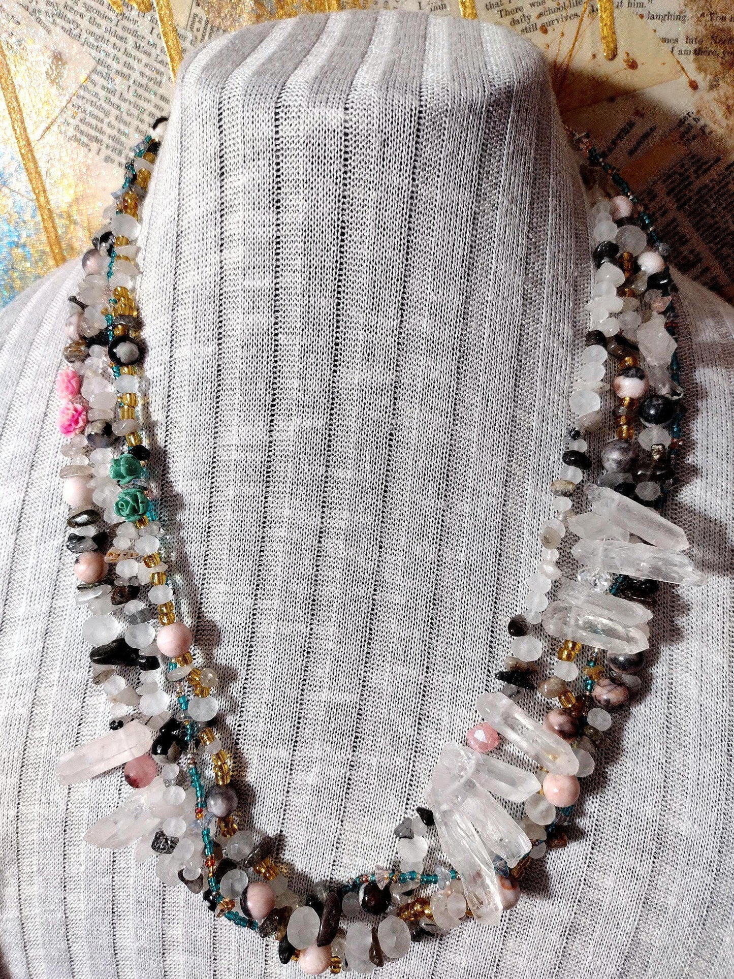 Southwest Inspired Long Beaded Necklace. Unique New Mexican Crafted Snowy Desert Vista in Natural Elements of Glass and Gemstones. Sterling.