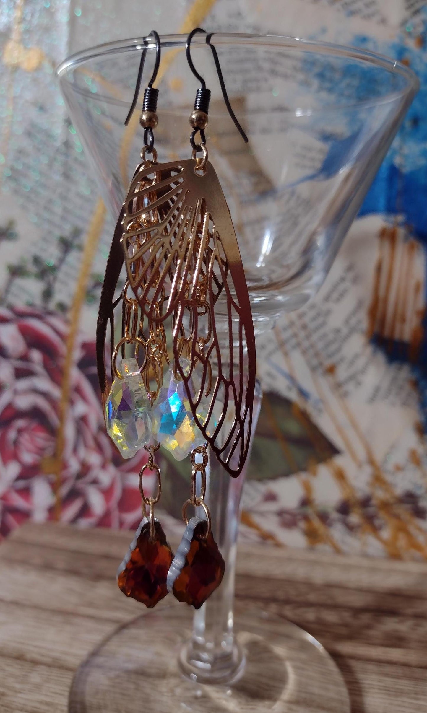Filigree Butterfly Wing Bright Dangle Crystal Earrings.