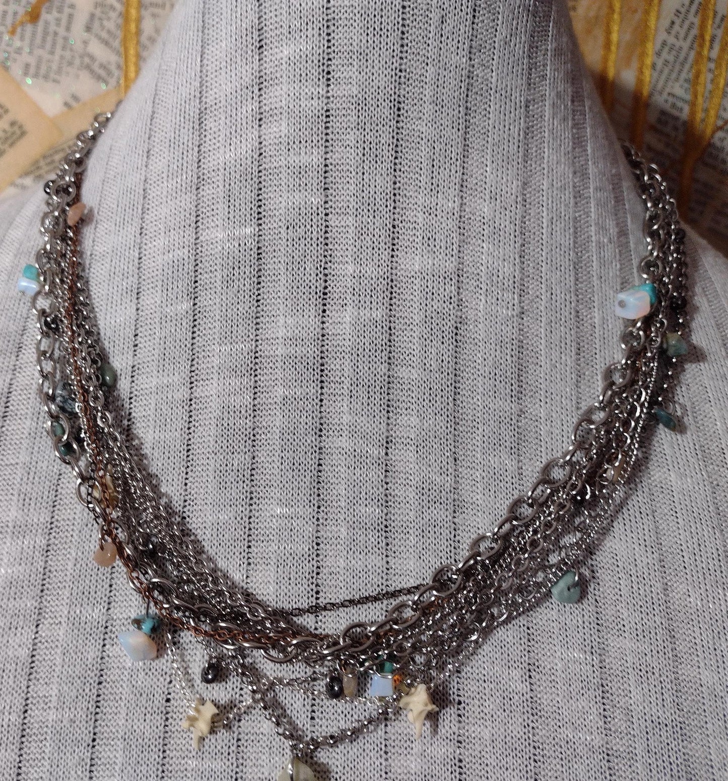 Southwest Rodeo Fashion. Turquoise, Moonstone, Agate, Stainless Steele Multi Chain Adjustable Necklace. Hand Crafted, Guaranteed Unique.